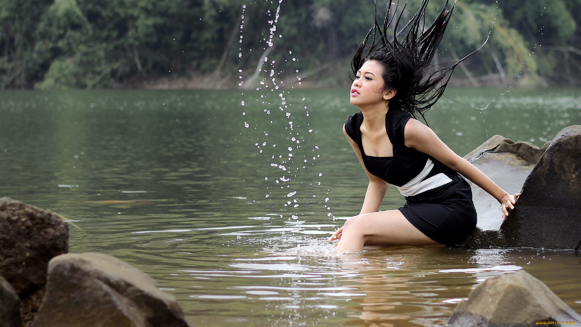 девушки, -, азиатки, азиатка, вода, брызги