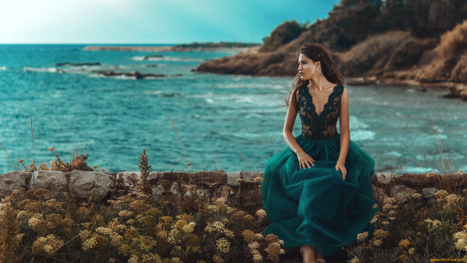 девушки, -, брюнетки, , шатенки, море, брюнетка, платье