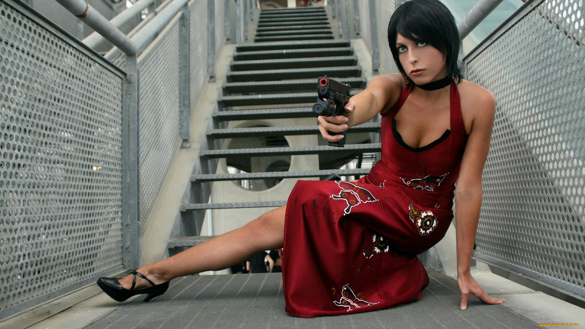 девушки, -, девушки, с, оружием, брюнетка, платье, пистолет, лестница