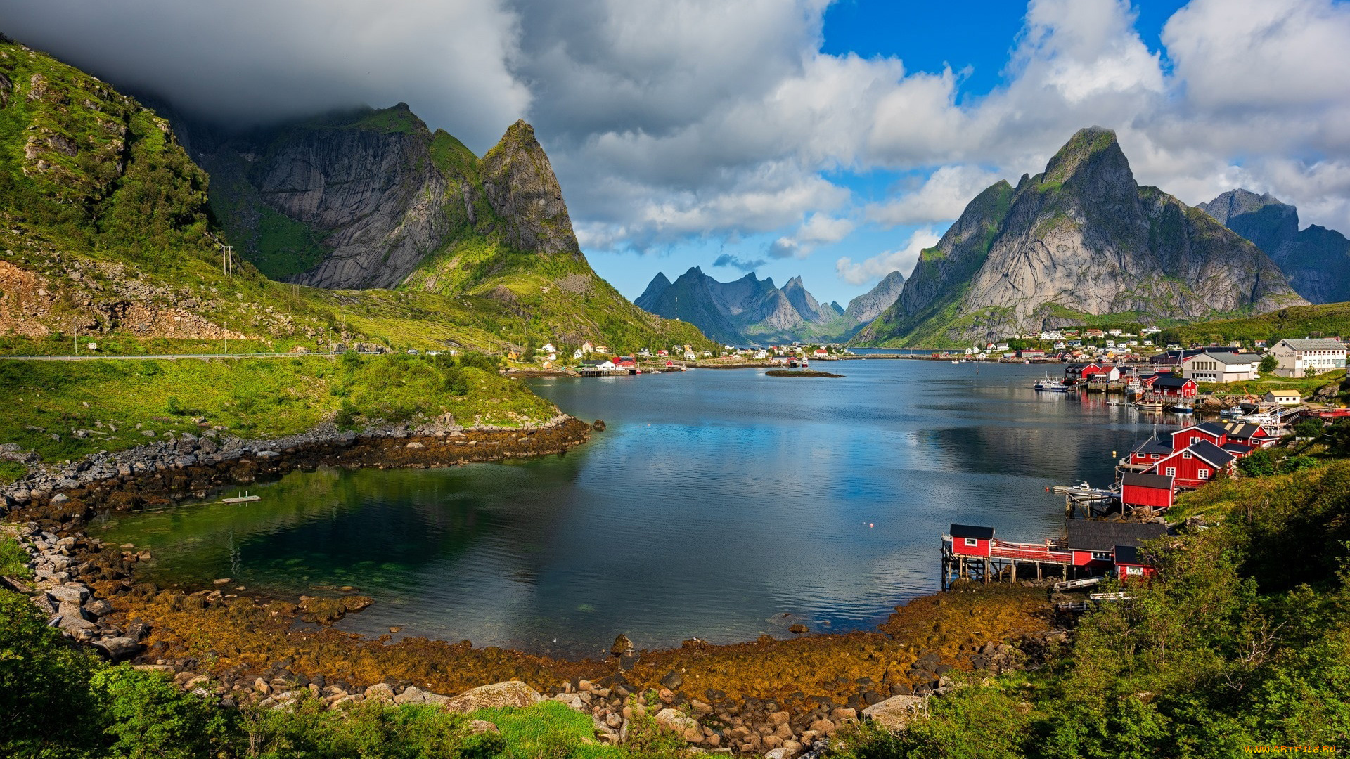 города, лофотенские, острова, , норвегия, горы, фьорд, дома