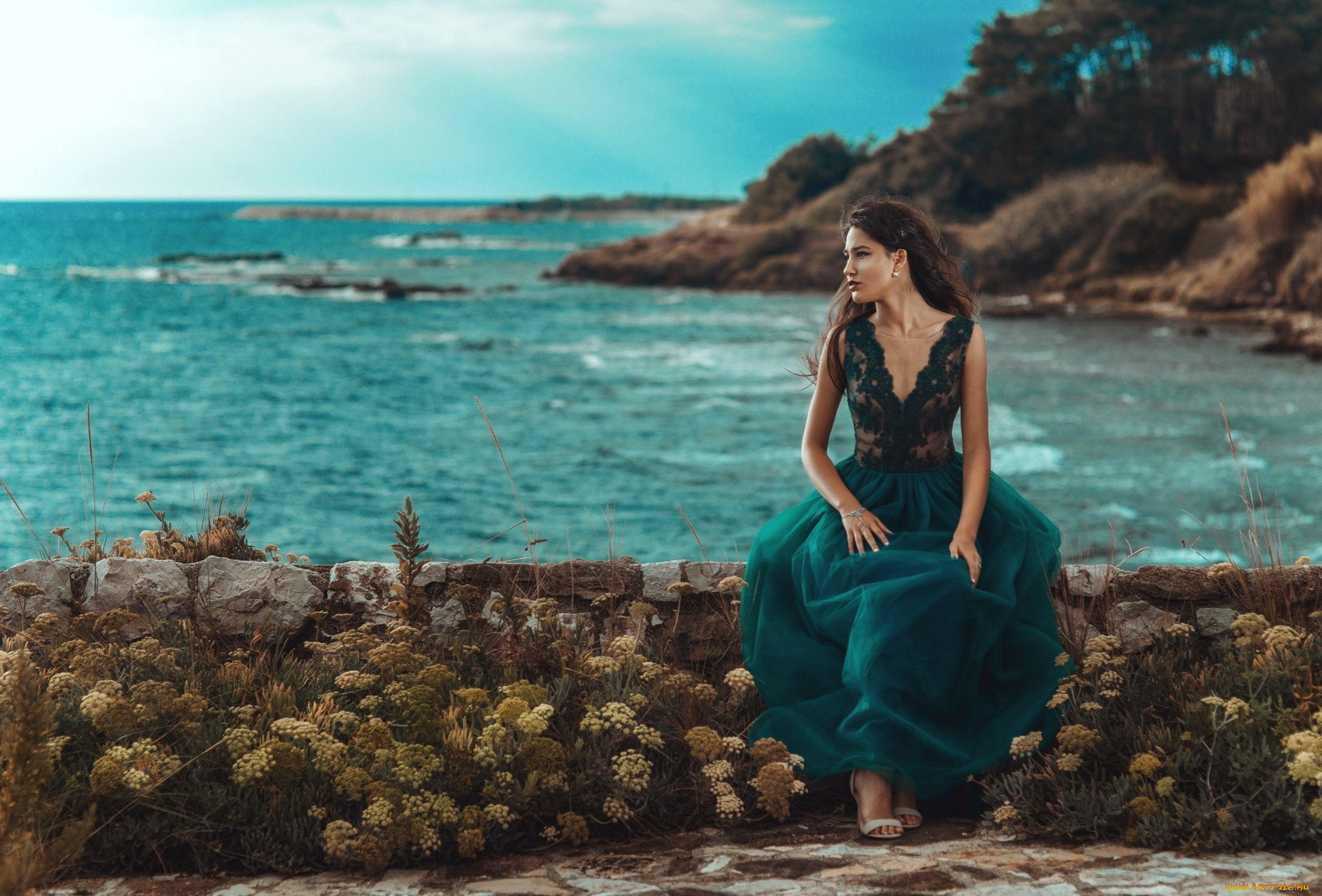 девушки, -, брюнетки, , шатенки, море, брюнетка, платье