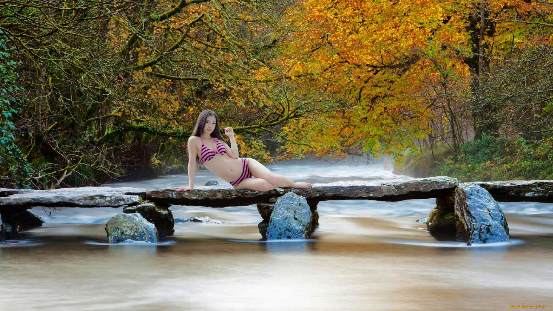 девушки, -, брюнетки, , шатенки, река, мост, деревья, шатенка, купальник