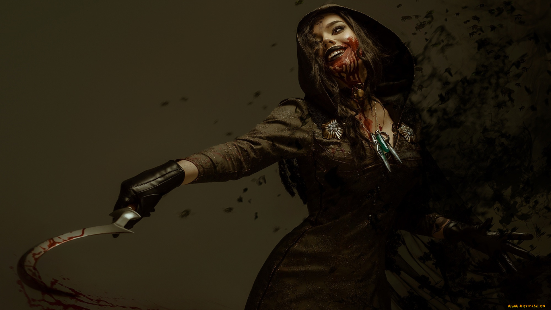 девушки, -, креатив, , косплей, плащ, кровь, серп