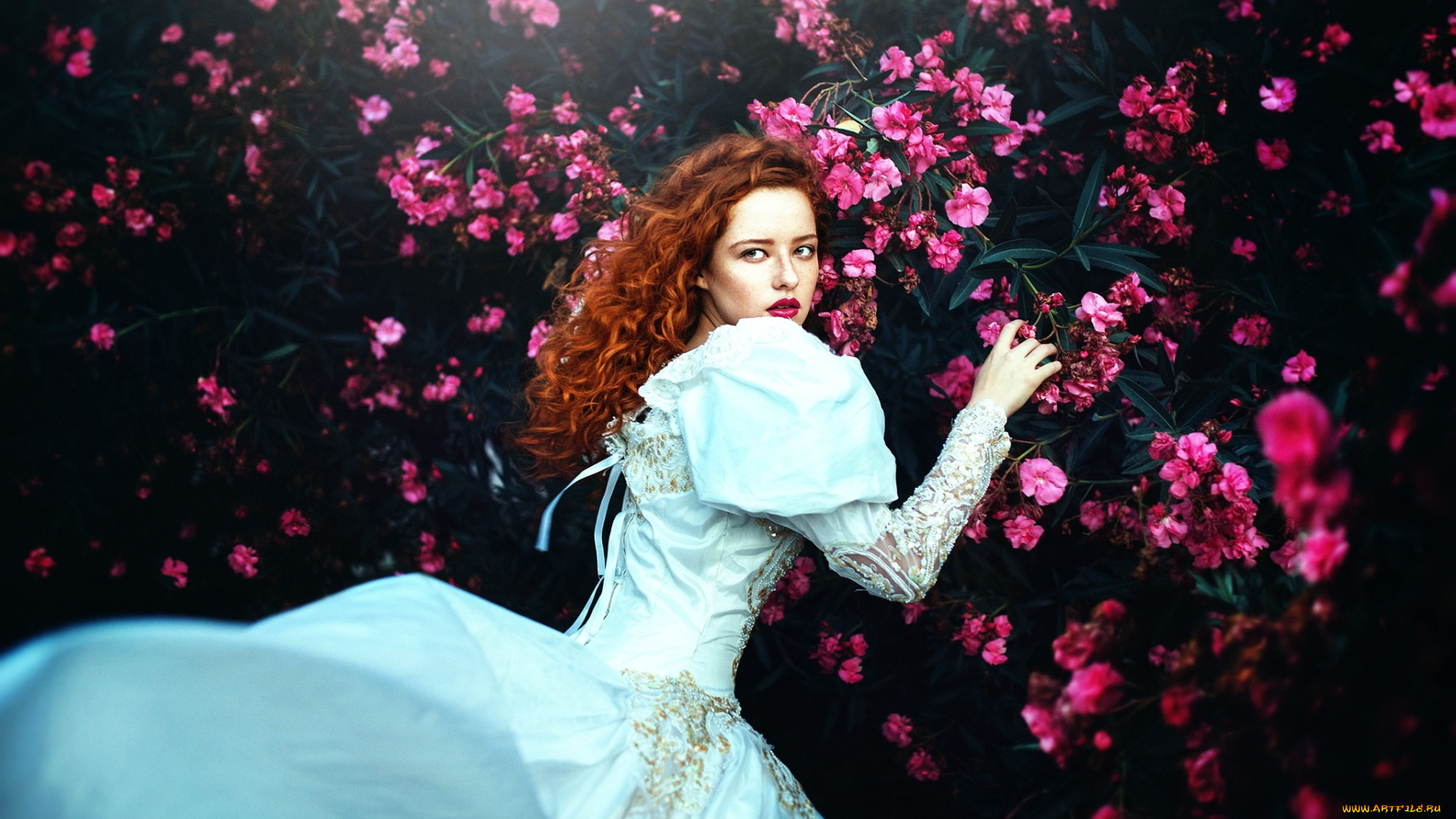 девушки, -, рыжеволосые, и, разноцветные, розовые, цветы, рыжие, волосы