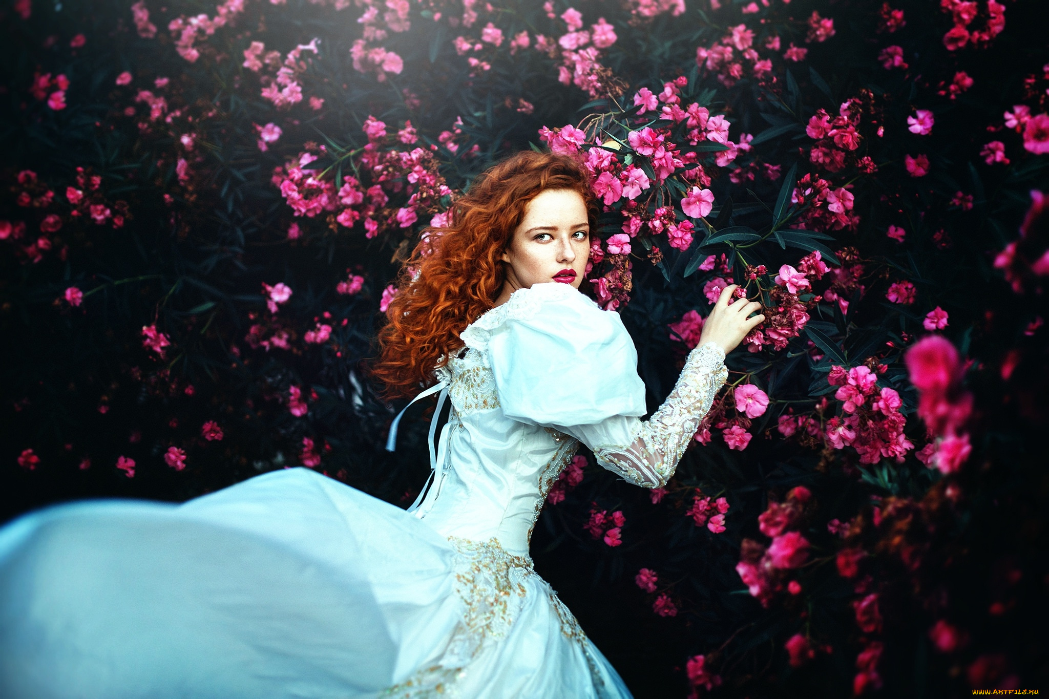 девушки, -, рыжеволосые, и, разноцветные, розовые, цветы, рыжие, волосы