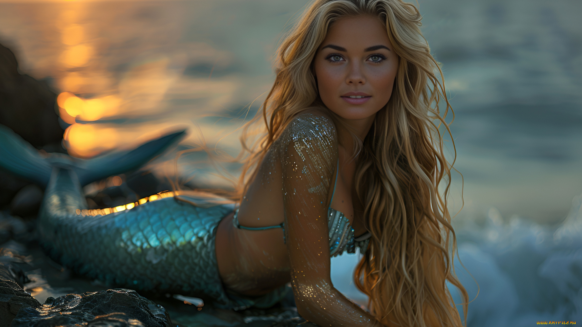 бестия, 3д, графика, фантазия, , fantasy, девушка, взгляд, русалка, рассвет, волосы, хвост, цифровое, искусство, ии-арт, искусственного, интеллекта, нейросеть