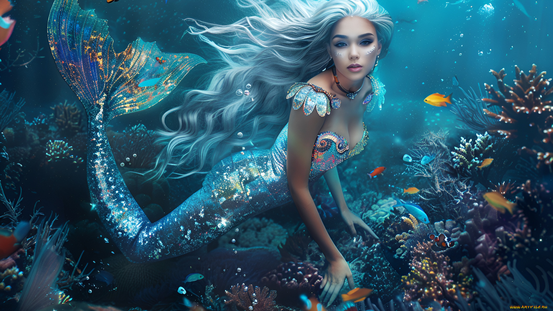 бестия, 3д, графика, фантазия, , fantasy, рыбы, девушка, русалка, волосы, подводный, мир, хвост, цифровое, искусство, коралл, ии-арт, искусственного, интеллекта, нейросеть