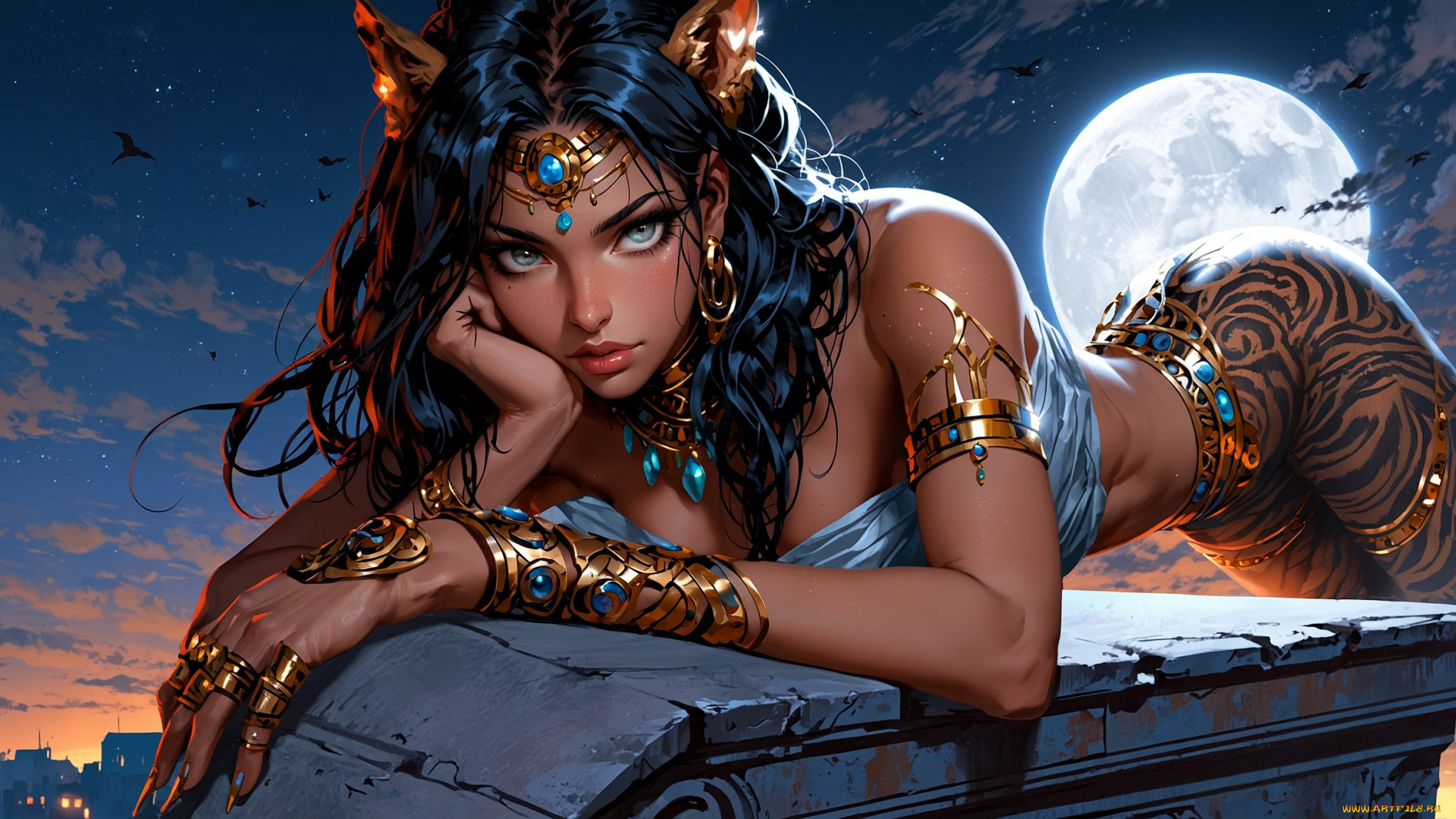 фэнтези, девушки, девушка, ушки, украшения, луна, город