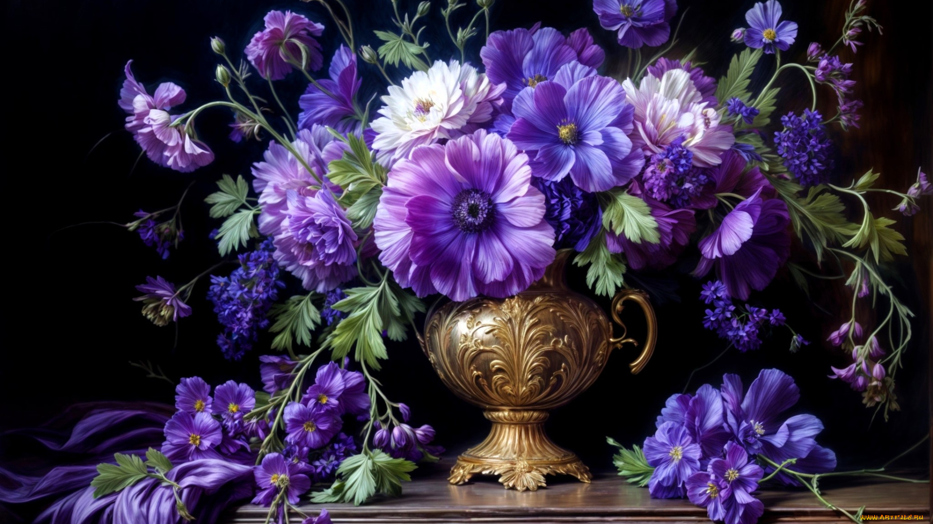 рисованное, цветы, букет, ваза