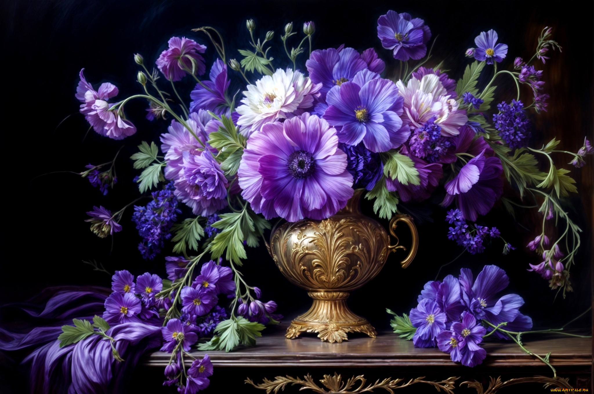 рисованное, цветы, букет, ваза