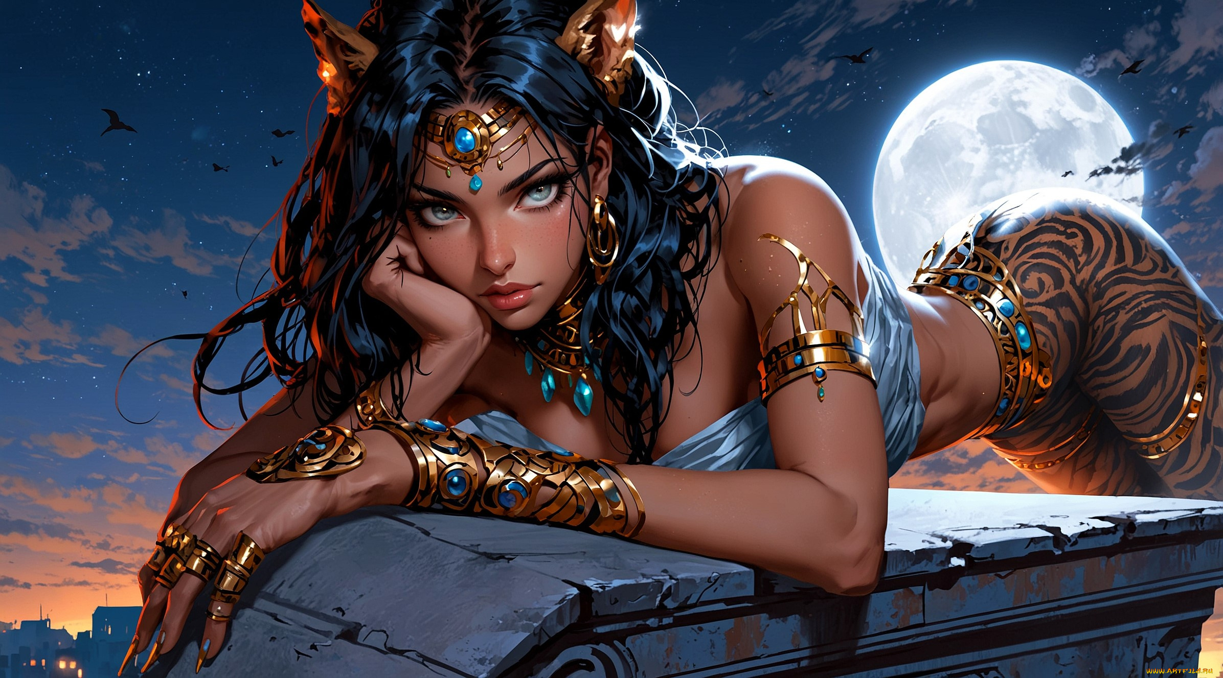 фэнтези, девушки, девушка, ушки, украшения, луна, город