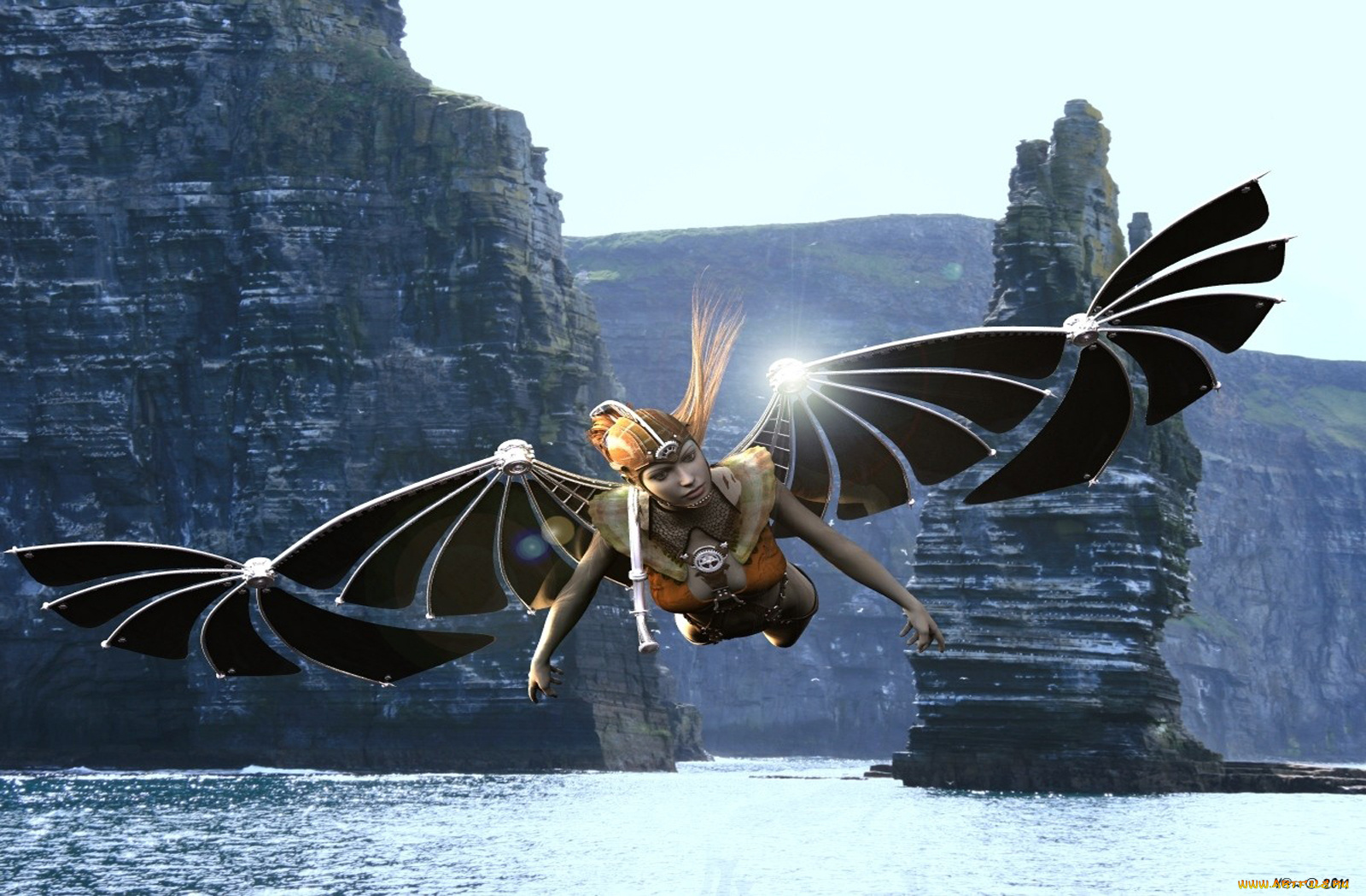 3д, графика, fantasy, фантазия, вода, девушка, полёт, скалы