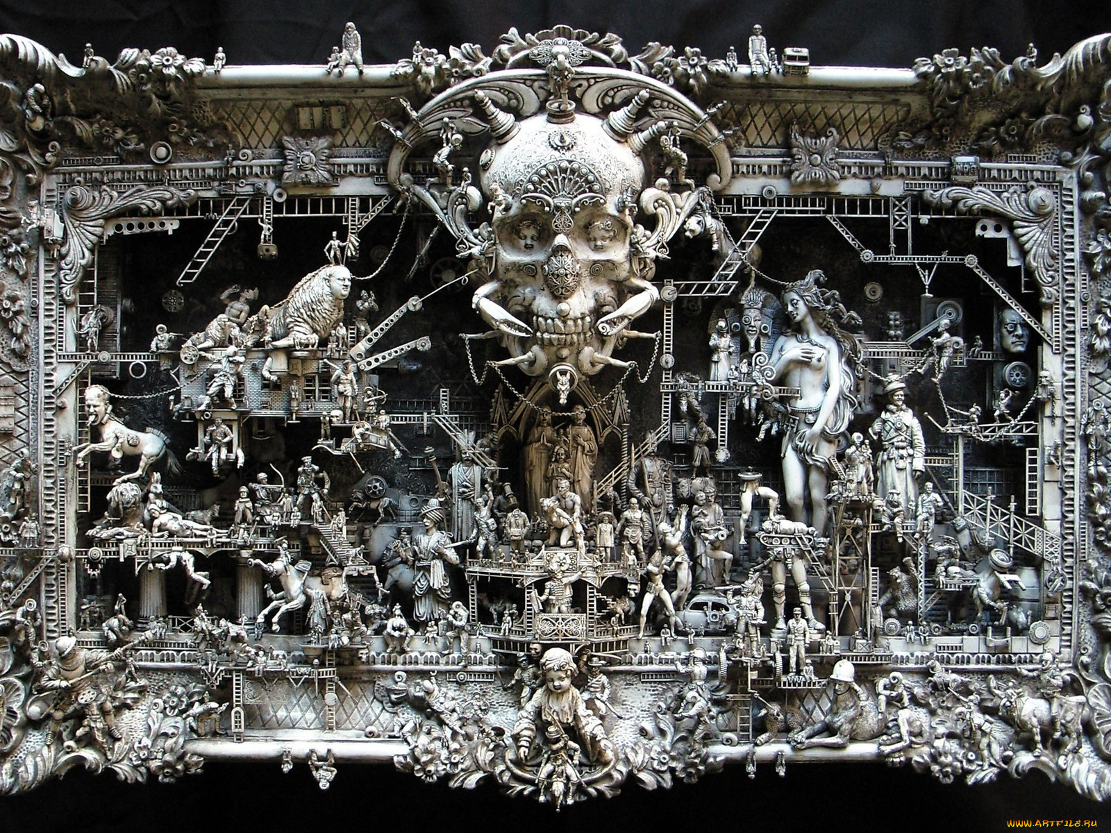 разное, рельефы, статуи, музейные, экспонаты, череп, существа, люди