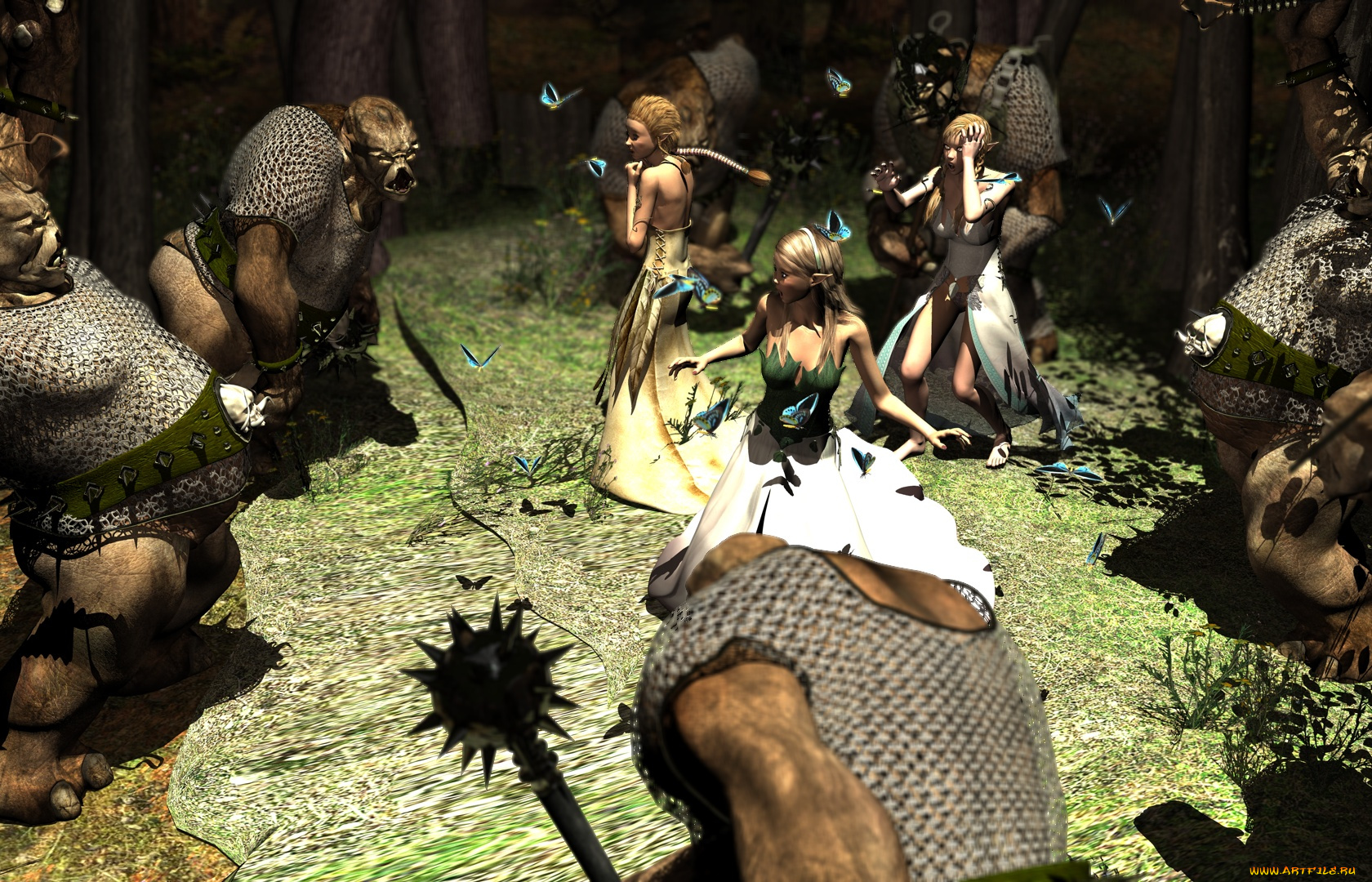 3д, графика, fantasy, фантазия, доспехи, эльфы, орки, бабочки, булава, страх