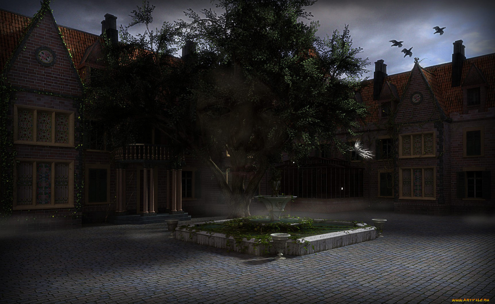 3д, графика, realism, реализм, дерево, дворик, птицы, дом