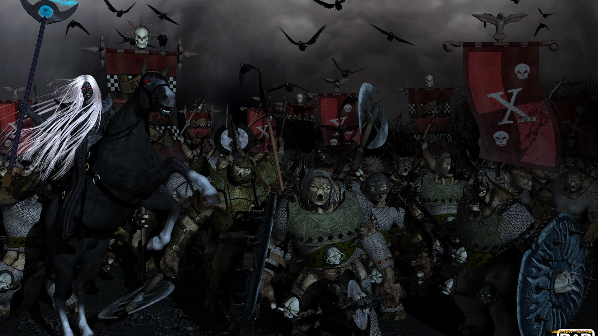 3д, графика, fantasy, фантазия, щит, вороны, конь, магия, посох, доспехи, война, орки