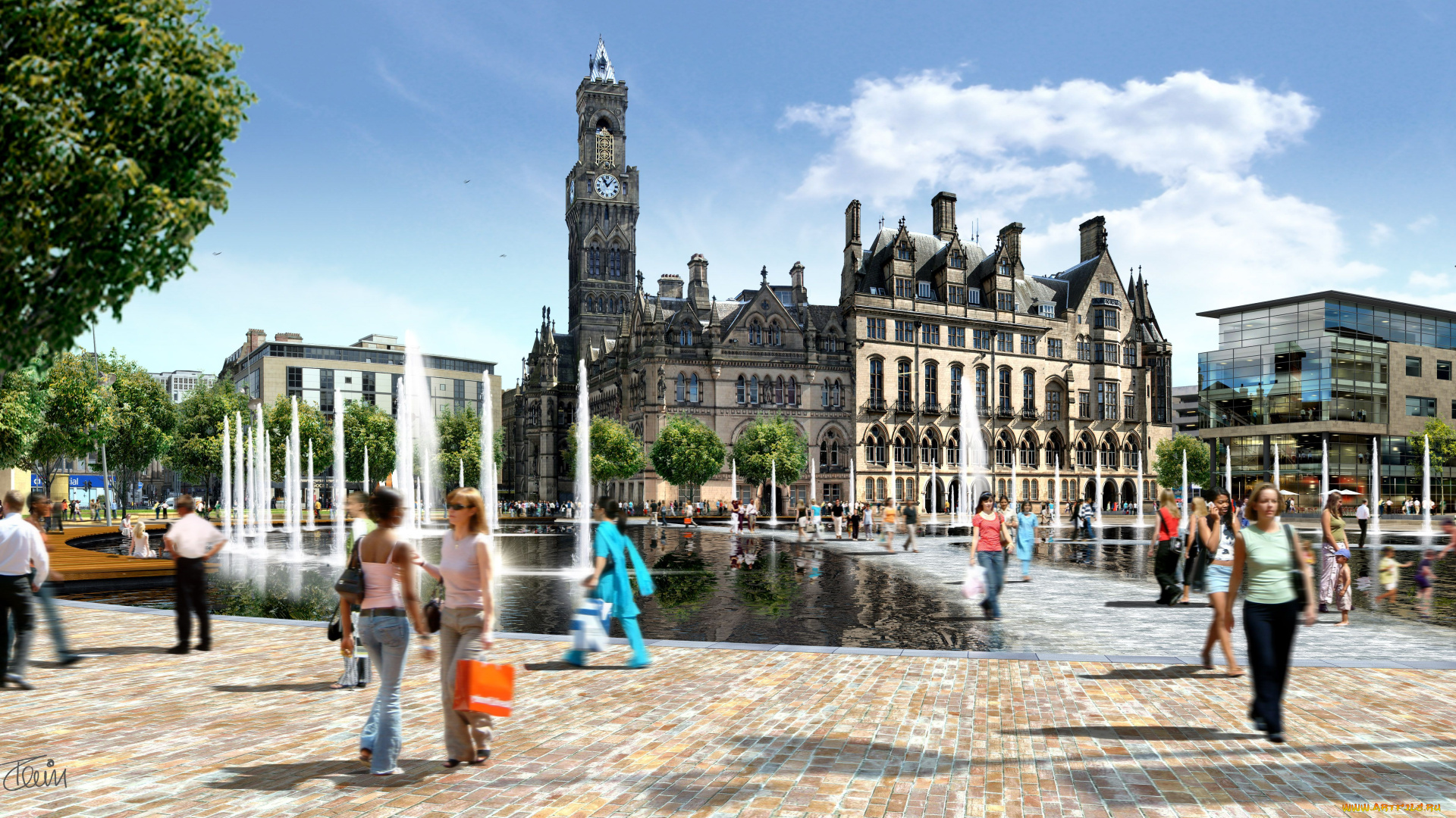 города, фонтаны, часы, площадь