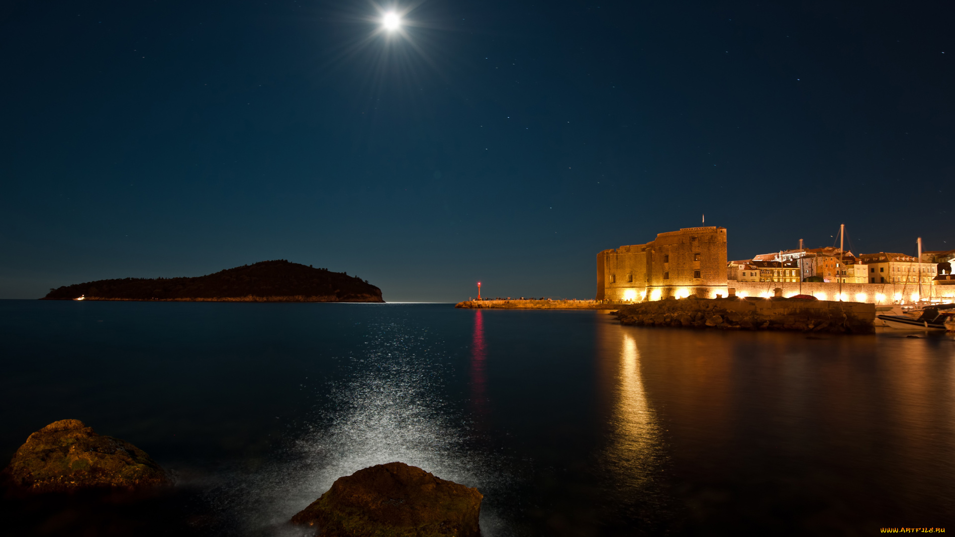 города, пейзажи, ночь, маяк, огни, камни, остров, море