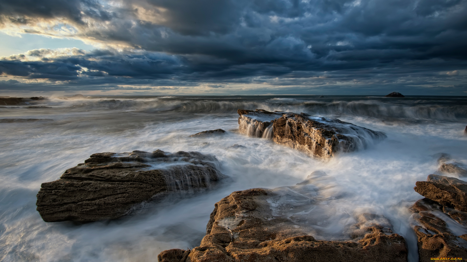 природа, моря, океаны, камни, волны, тучи, море
