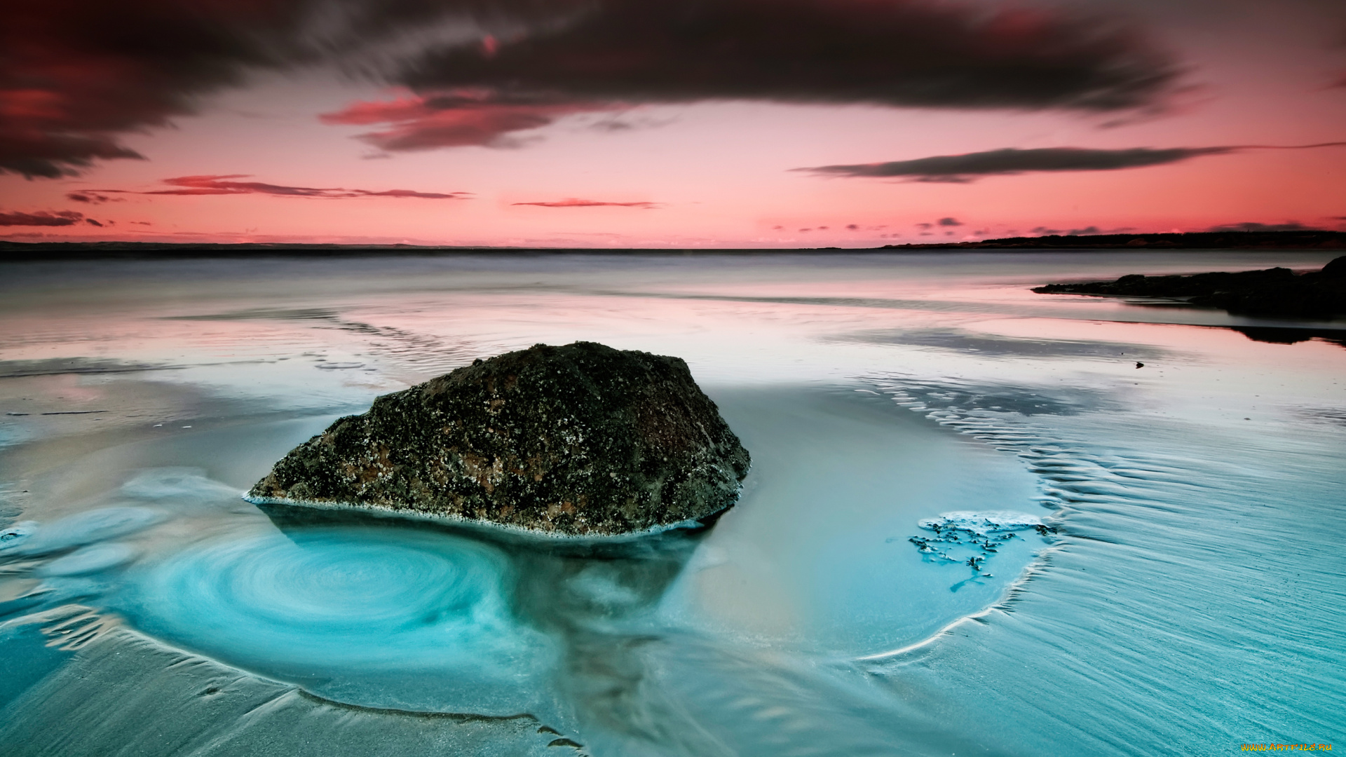 природа, побережье, море, камень, закат, горизонт