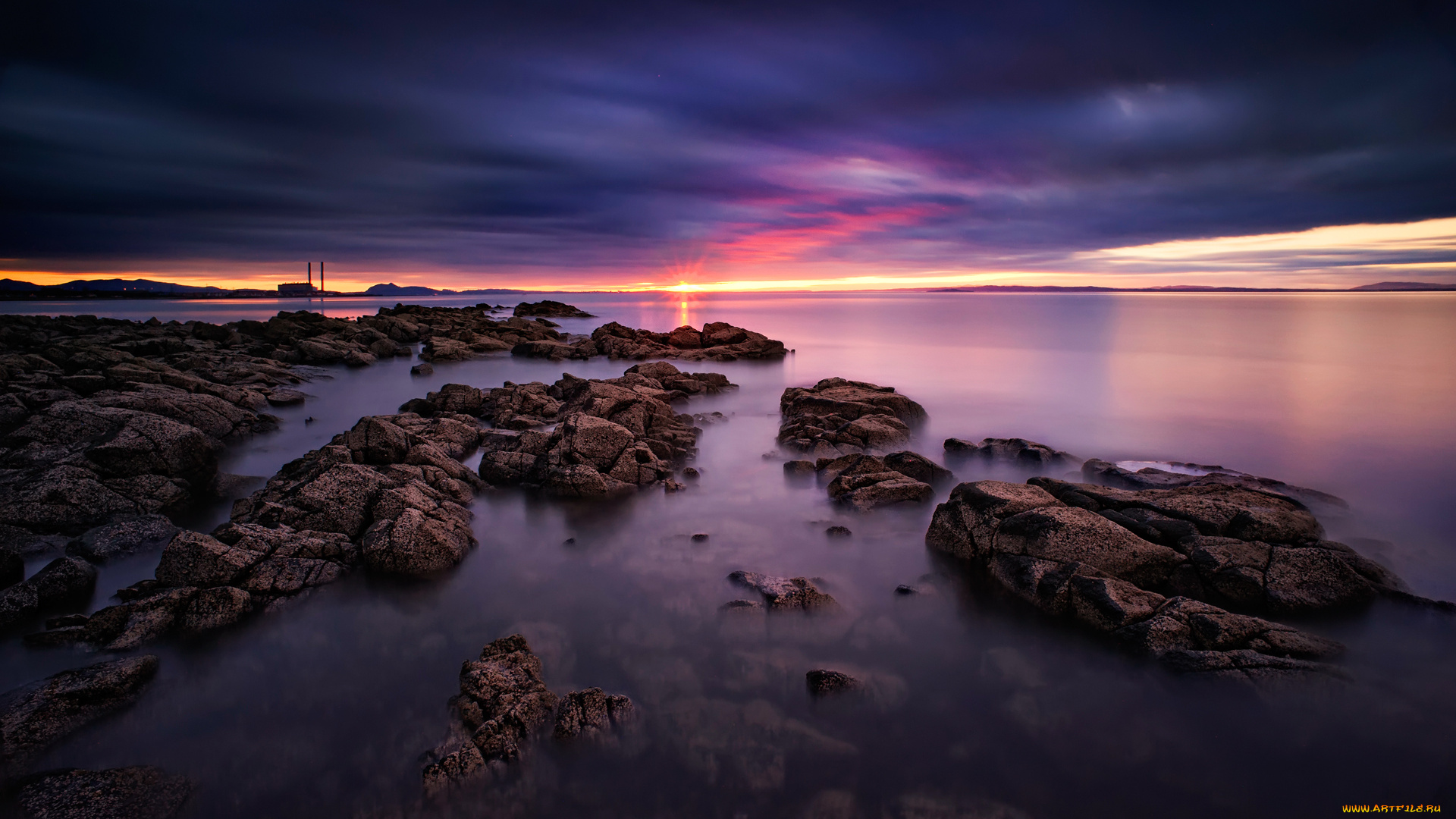 природа, побережье, море, закат, камни