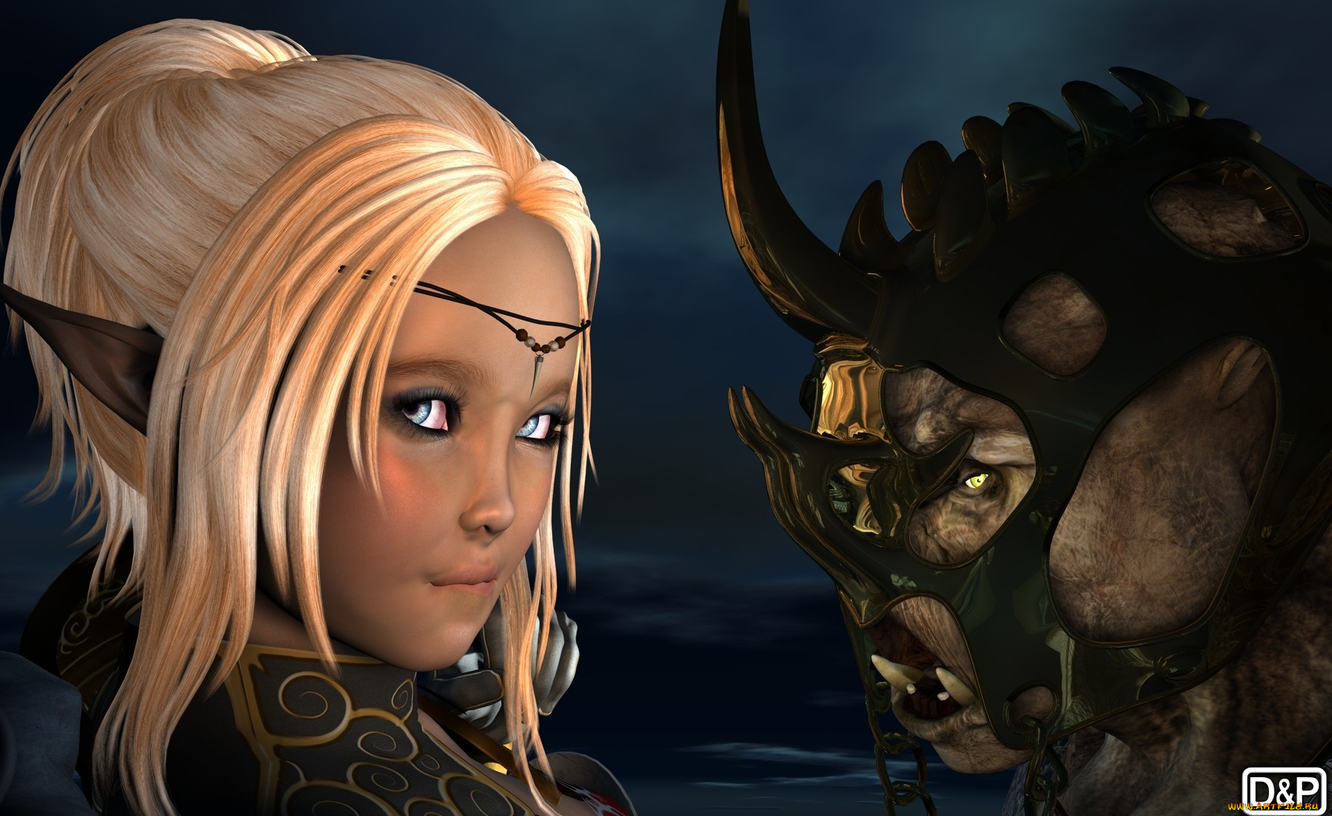 3д, графика, fantasy, фантазия, эльф, рог, орк