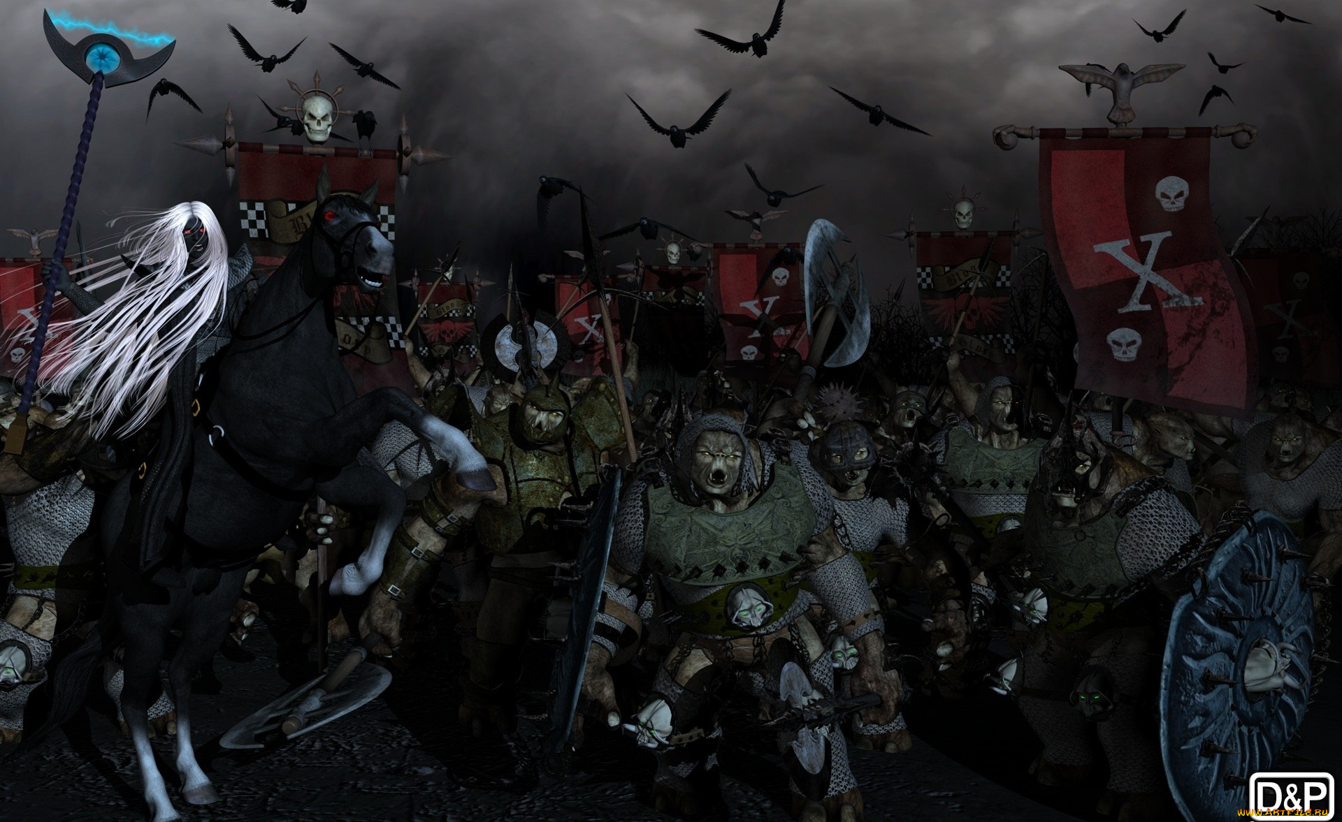 3д, графика, fantasy, фантазия, щит, вороны, конь, магия, посох, доспехи, война, орки