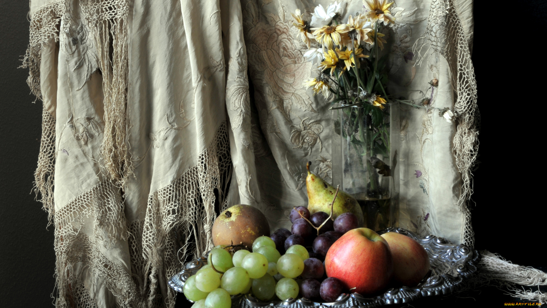 еда, натюрморт, букет, груши, яблоки, виноград, поднос