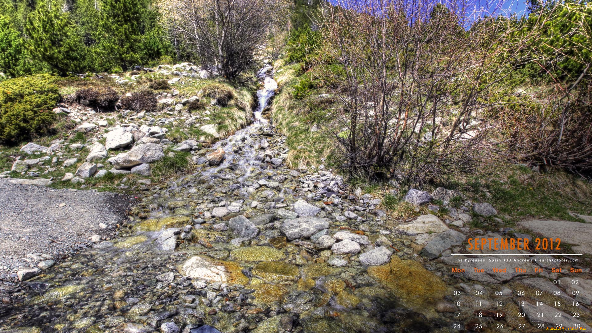 календари, природа, тропинка, кусты, камни