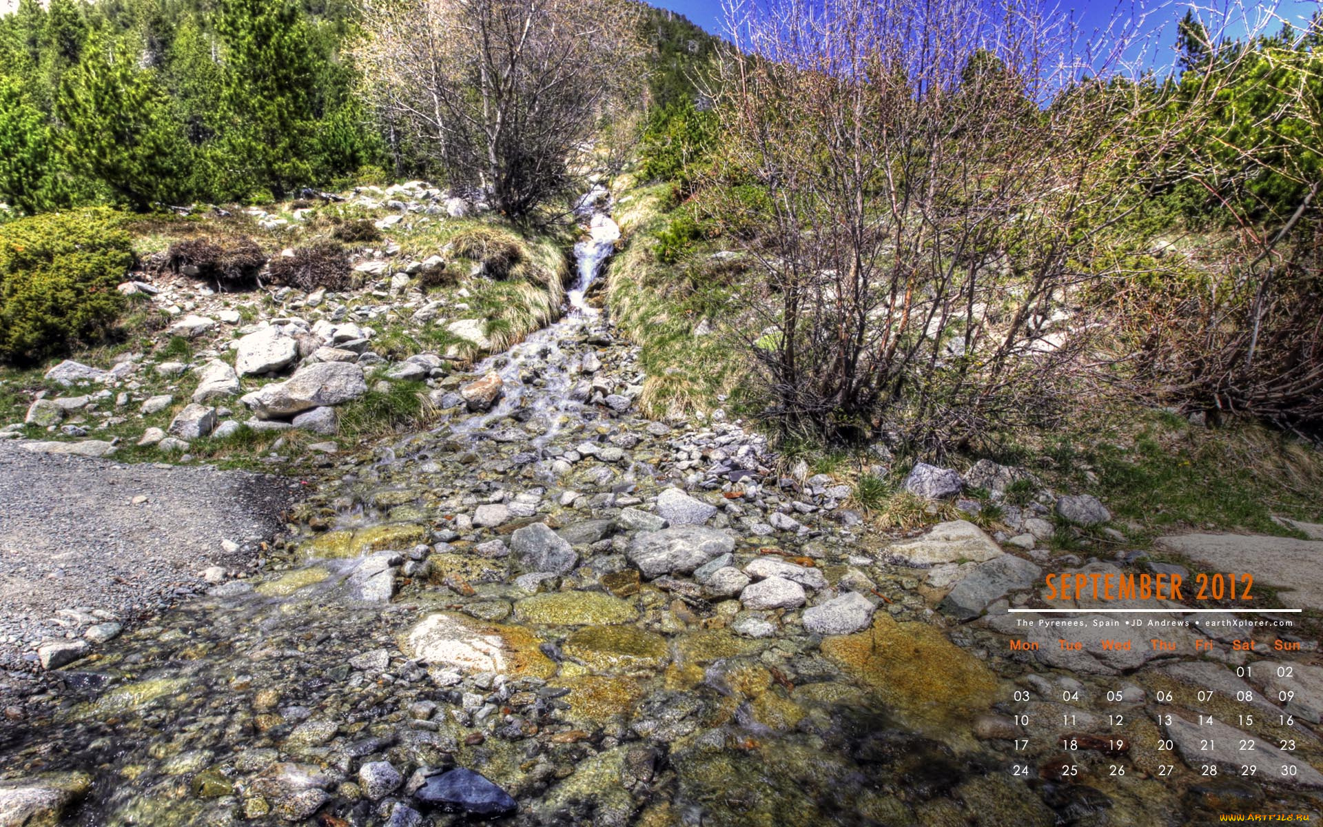 календари, природа, тропинка, кусты, камни