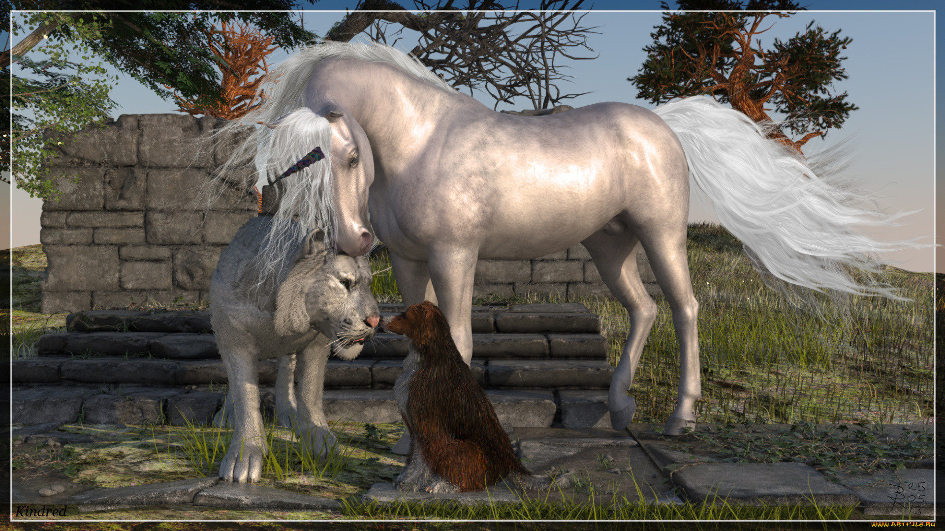 3д, графика, animals, животные, смобака, лошадь, лев