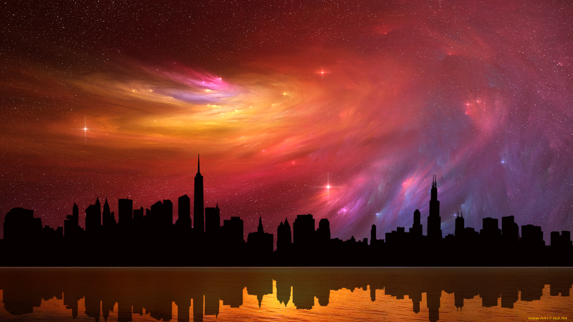 3д, графика, atmosphere, mood, атмосфера, настроения, ночь, море, краски, звезды, силуэты, город