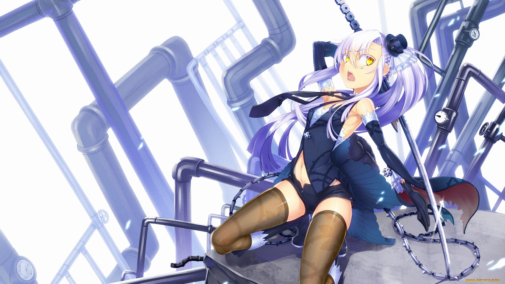 аниме, weapon, blood, technology, трубы, меч, чулки