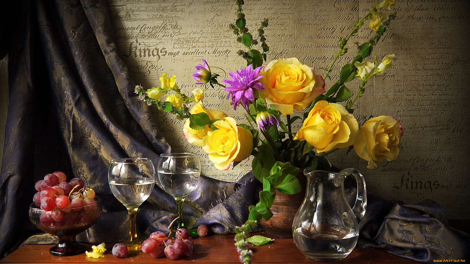 еда, натюрморт, бокалы, текстура, розы, виноград