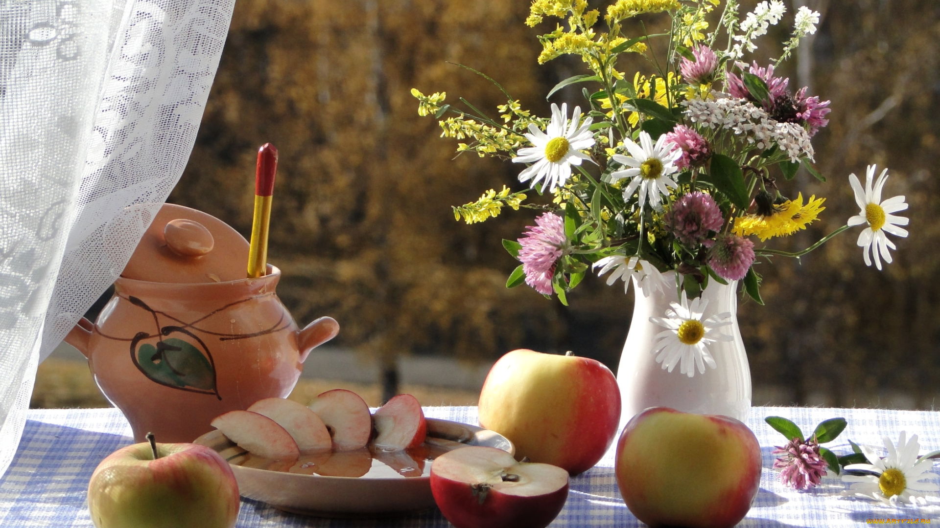 еда, натюрморт, мед, тюль, яблоки, окно, букет
