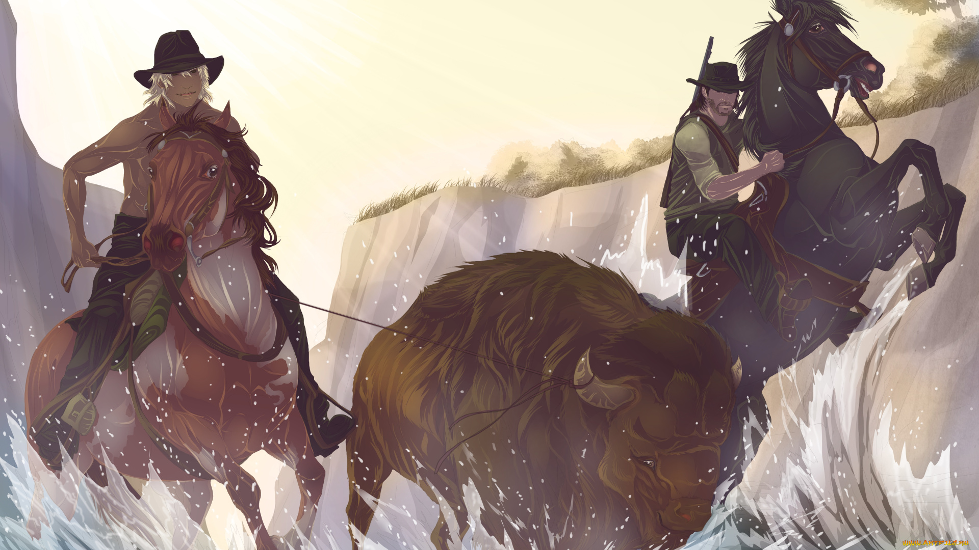 рисованные, животные, лошади, вода, всадники, зубр