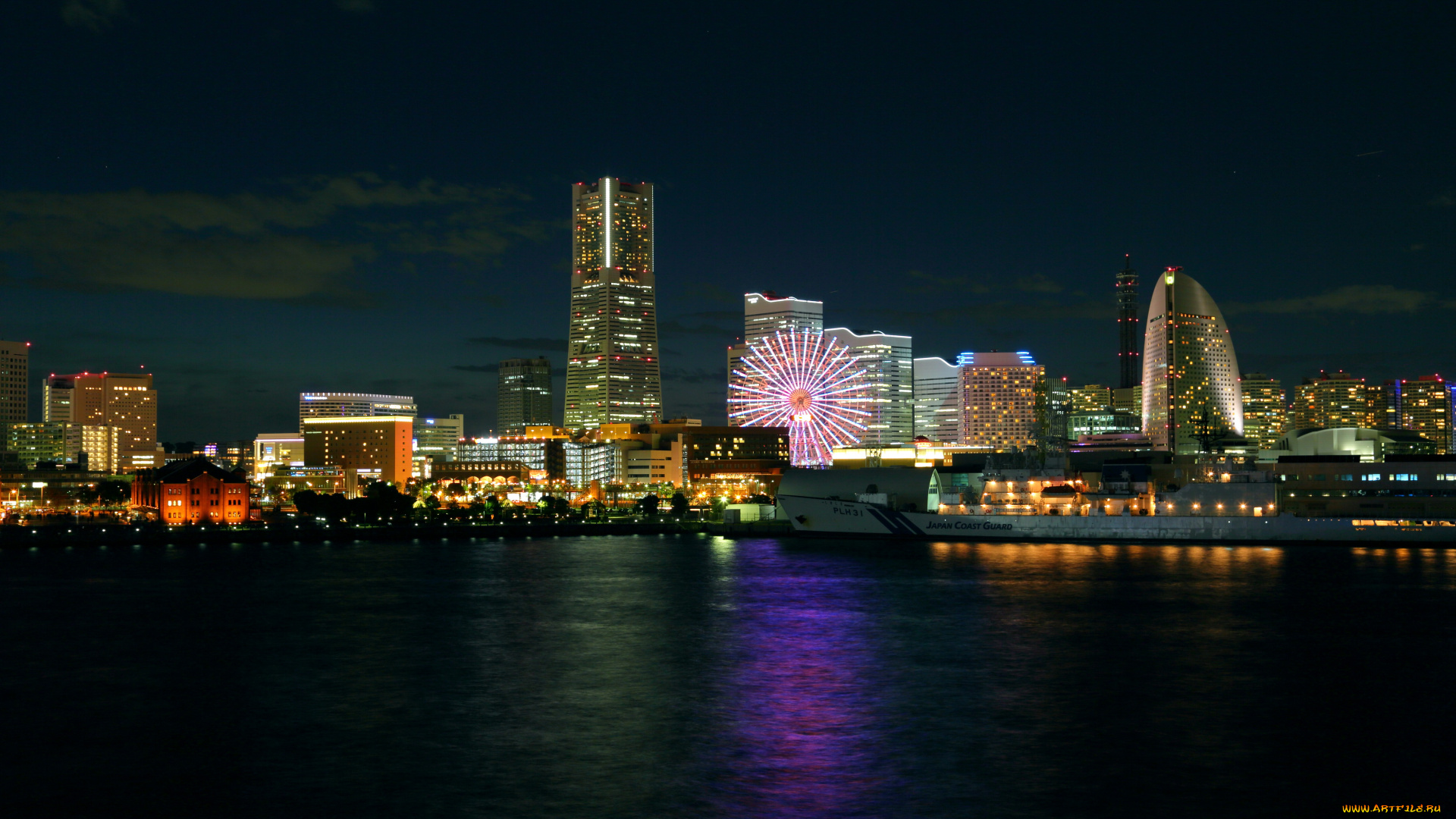 yokohama, Япония, города, йокогама, огни, ночь, река, дома