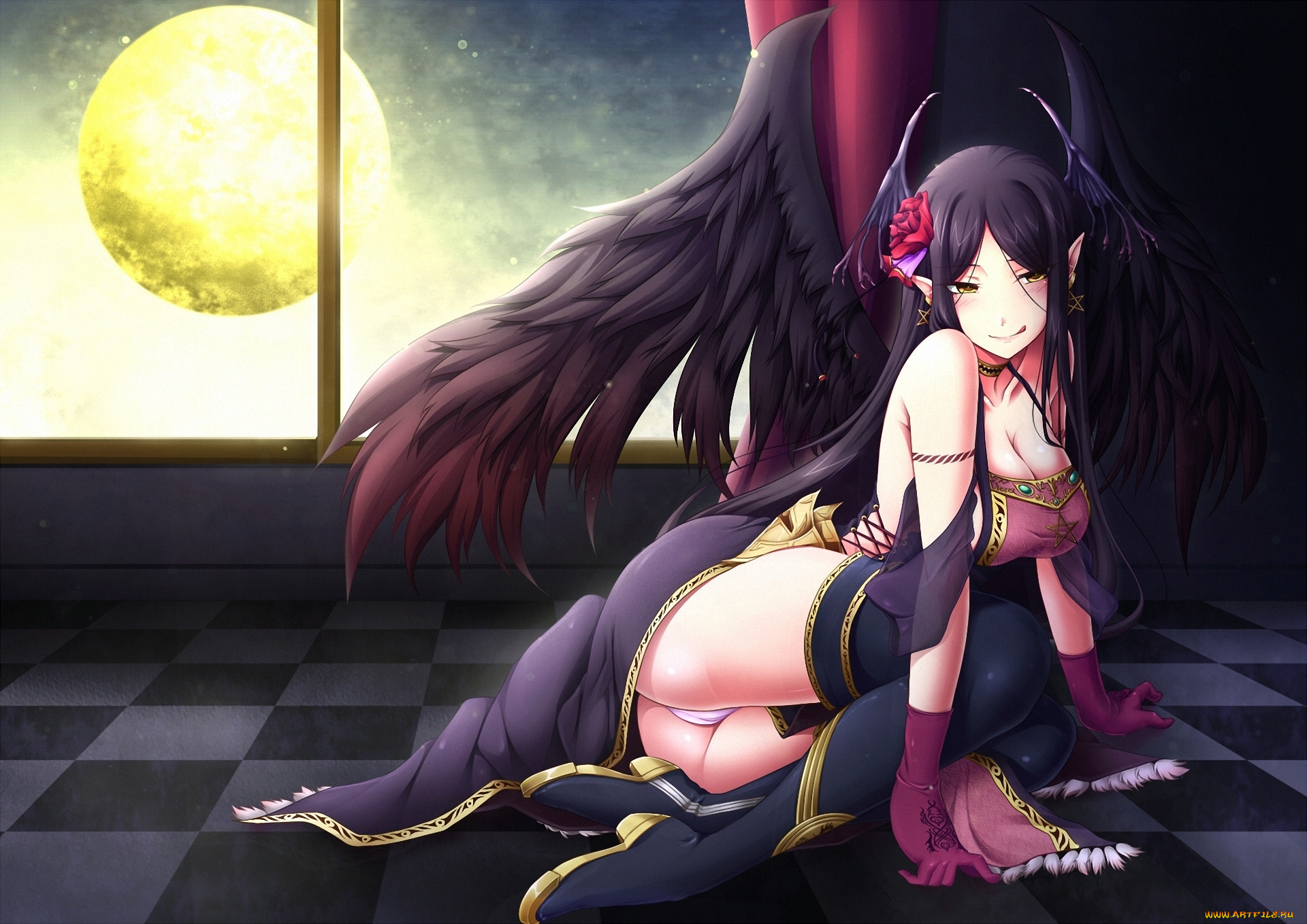 аниме, angels, demons, крылья, луна, девушка, сапоги