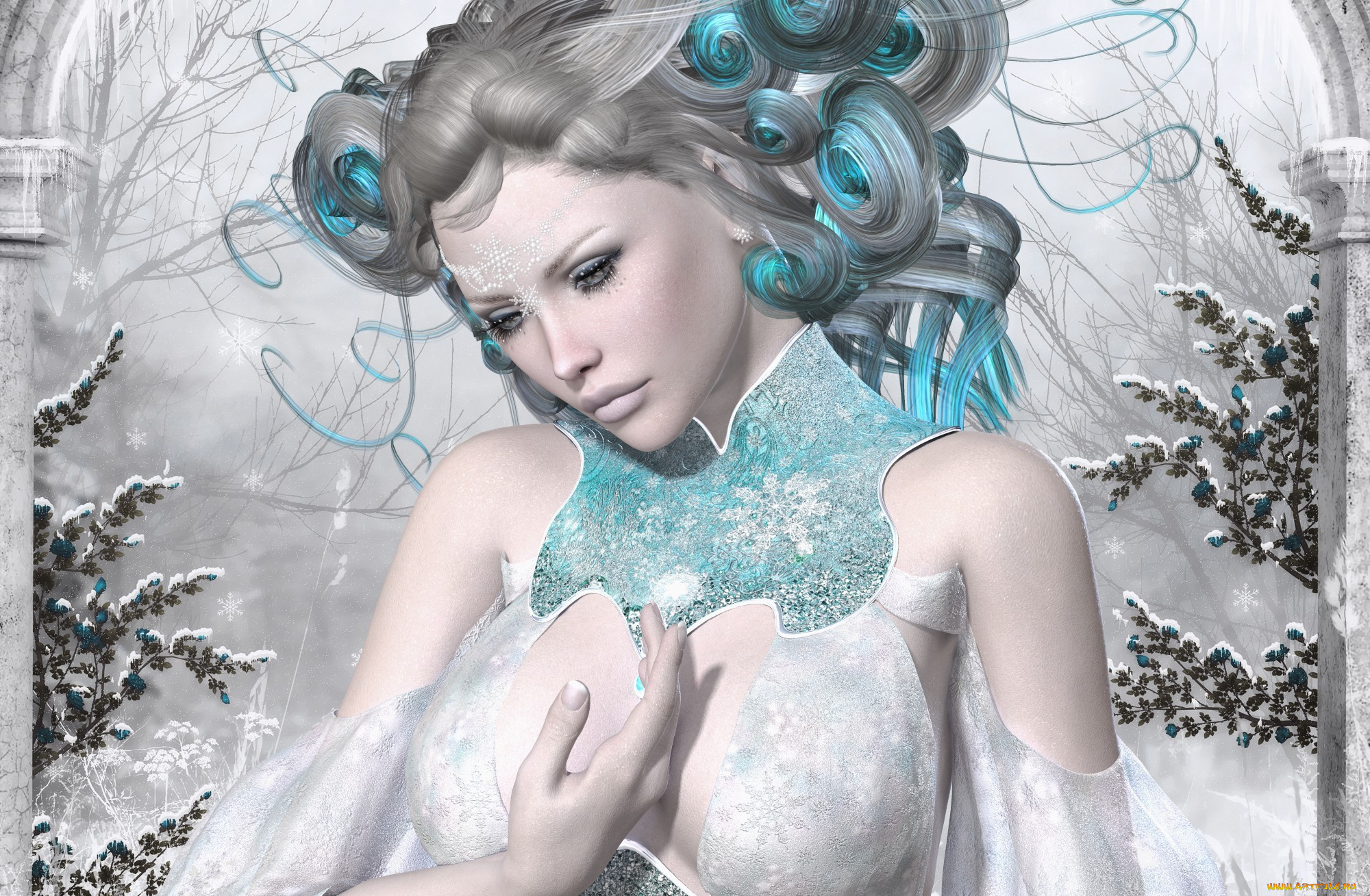3д, графика, people, люди, рендер, снег, зима, девушка, рука, прическа