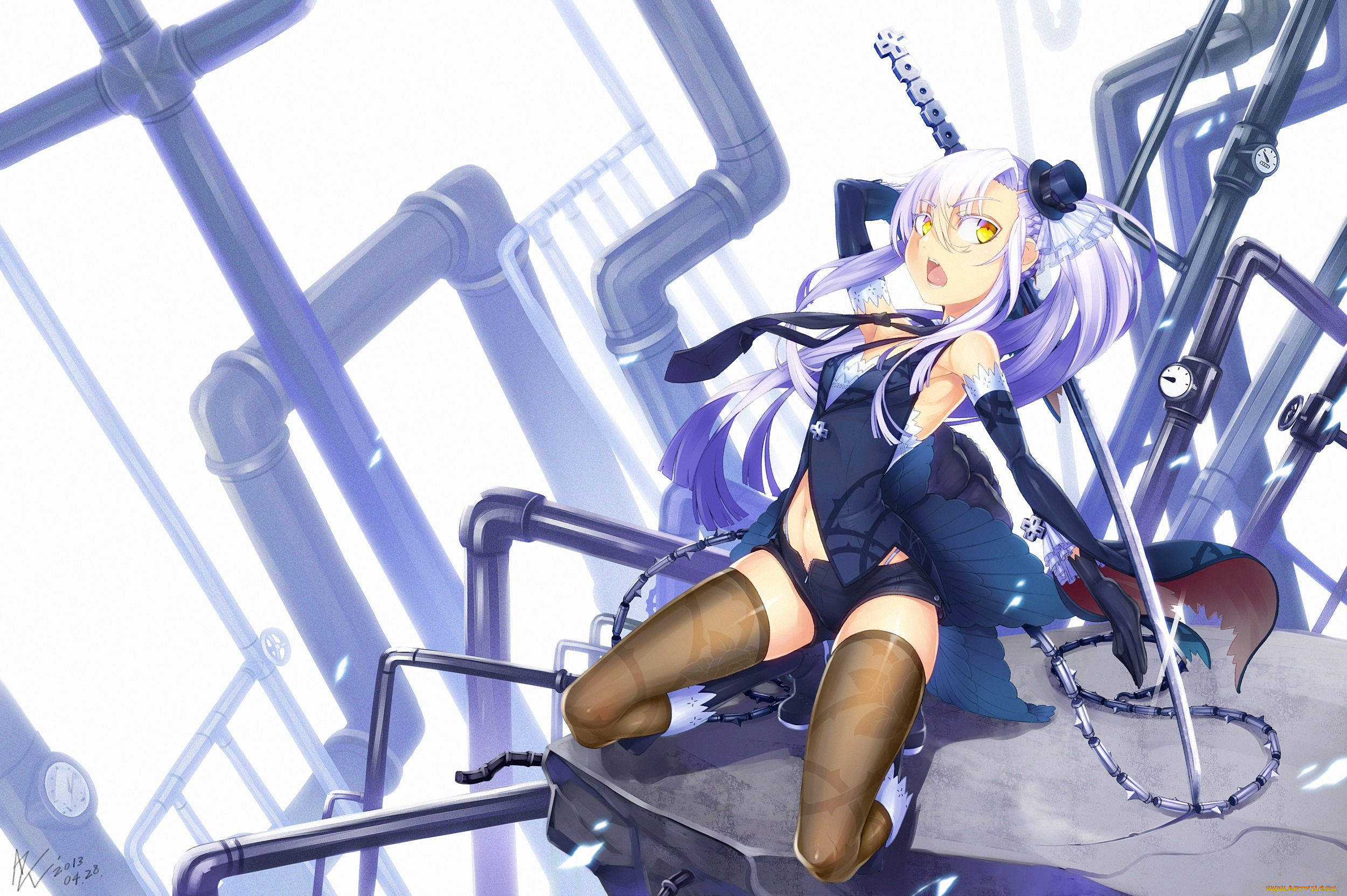 аниме, weapon, blood, technology, трубы, меч, чулки