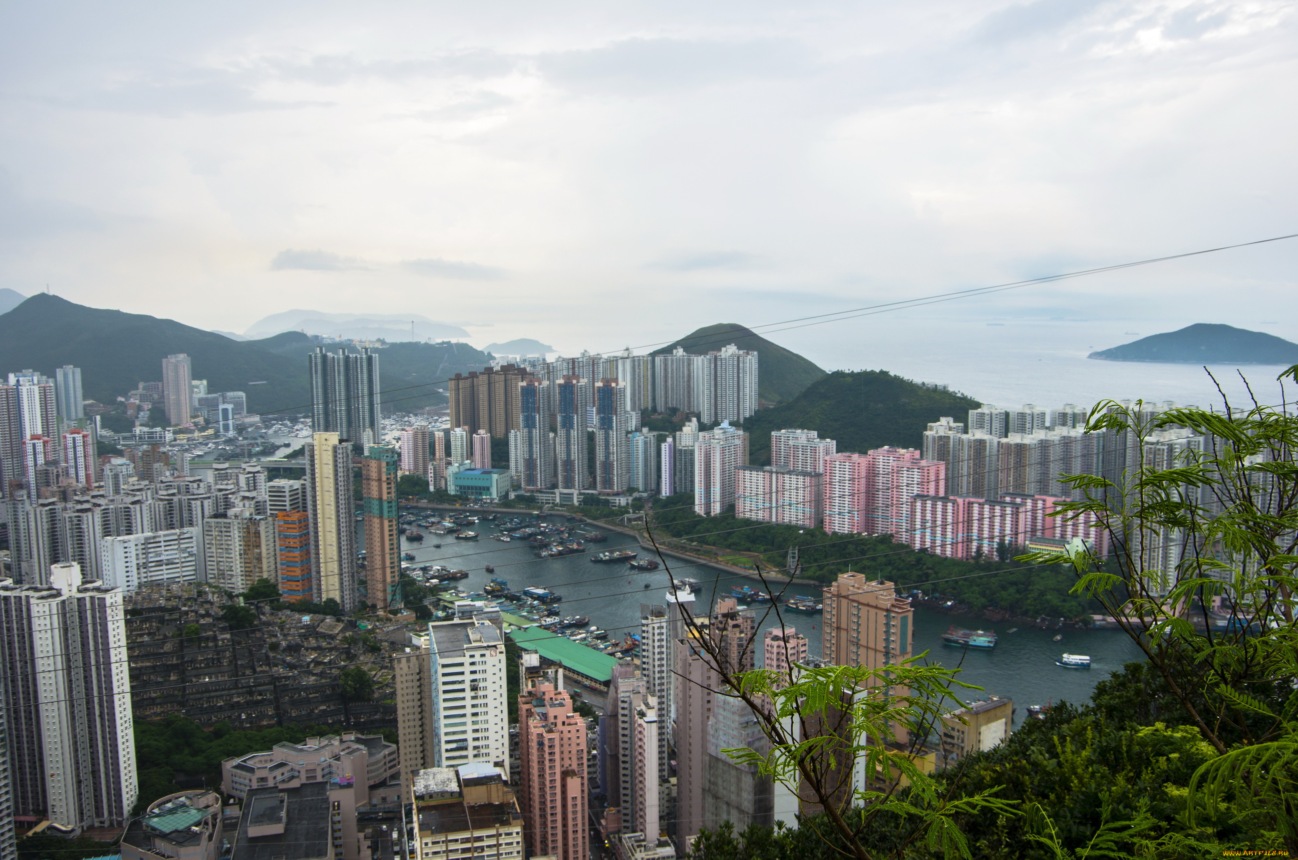 города, гонконг, китай, река, дома