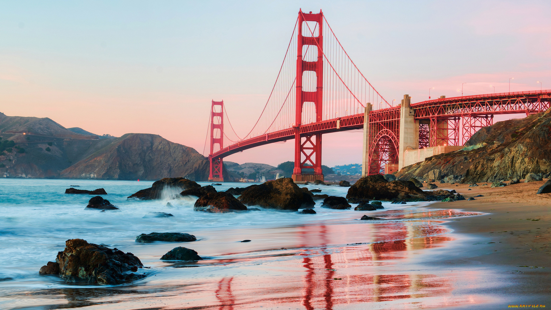 города, -, мосты, сан-франциско, город, san, francisco, калифорния, golden, gate, вridge, мост, золотые, ворота, сша, derek, slagle, рhotography, утро, вода, пляж, берег, висячий