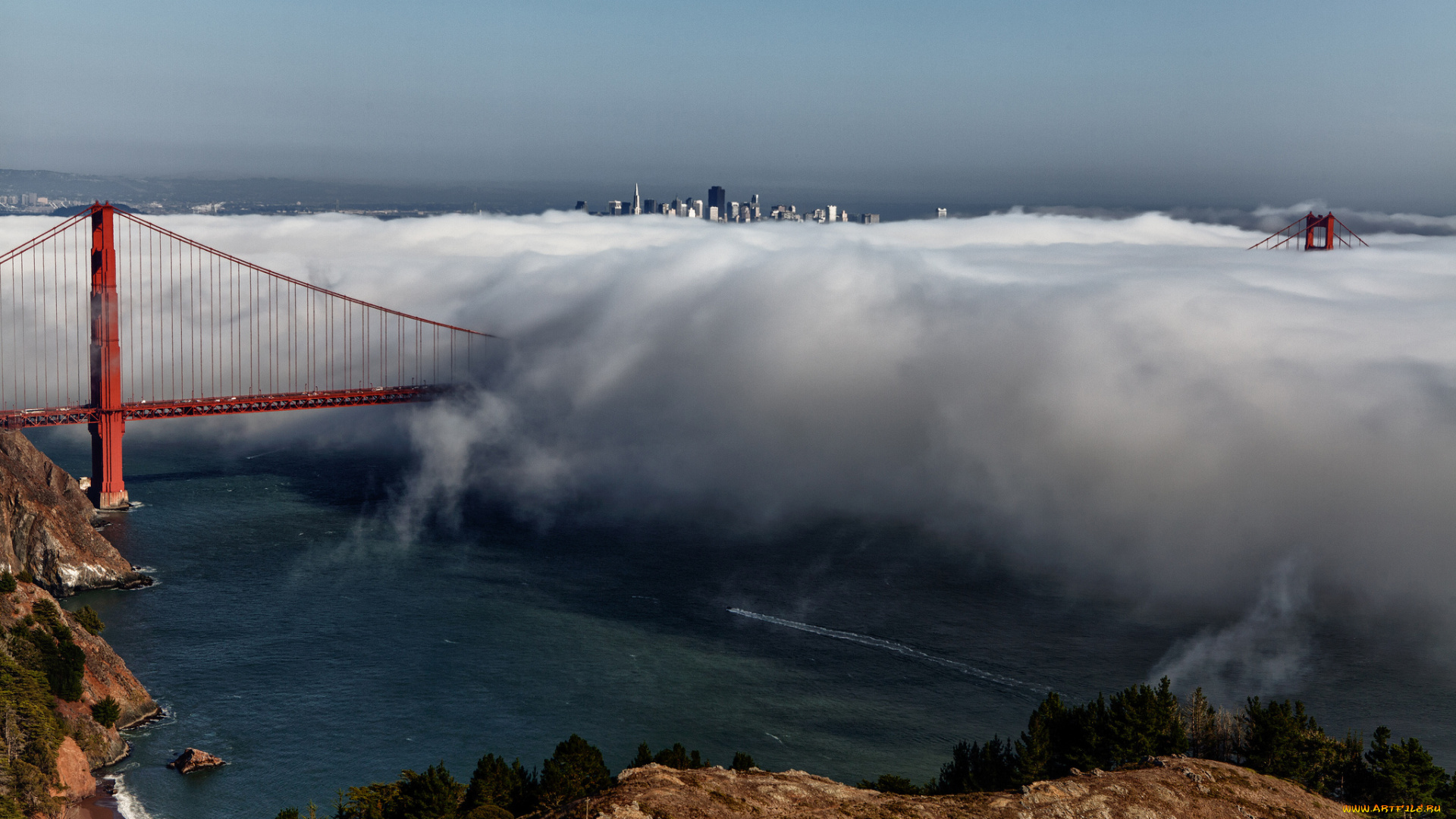 города, -, мосты, туман, висячий, мост, golden, gate, вridge, золотые, ворота, сша, san, francisco, сан-франциско, город, калифорния
