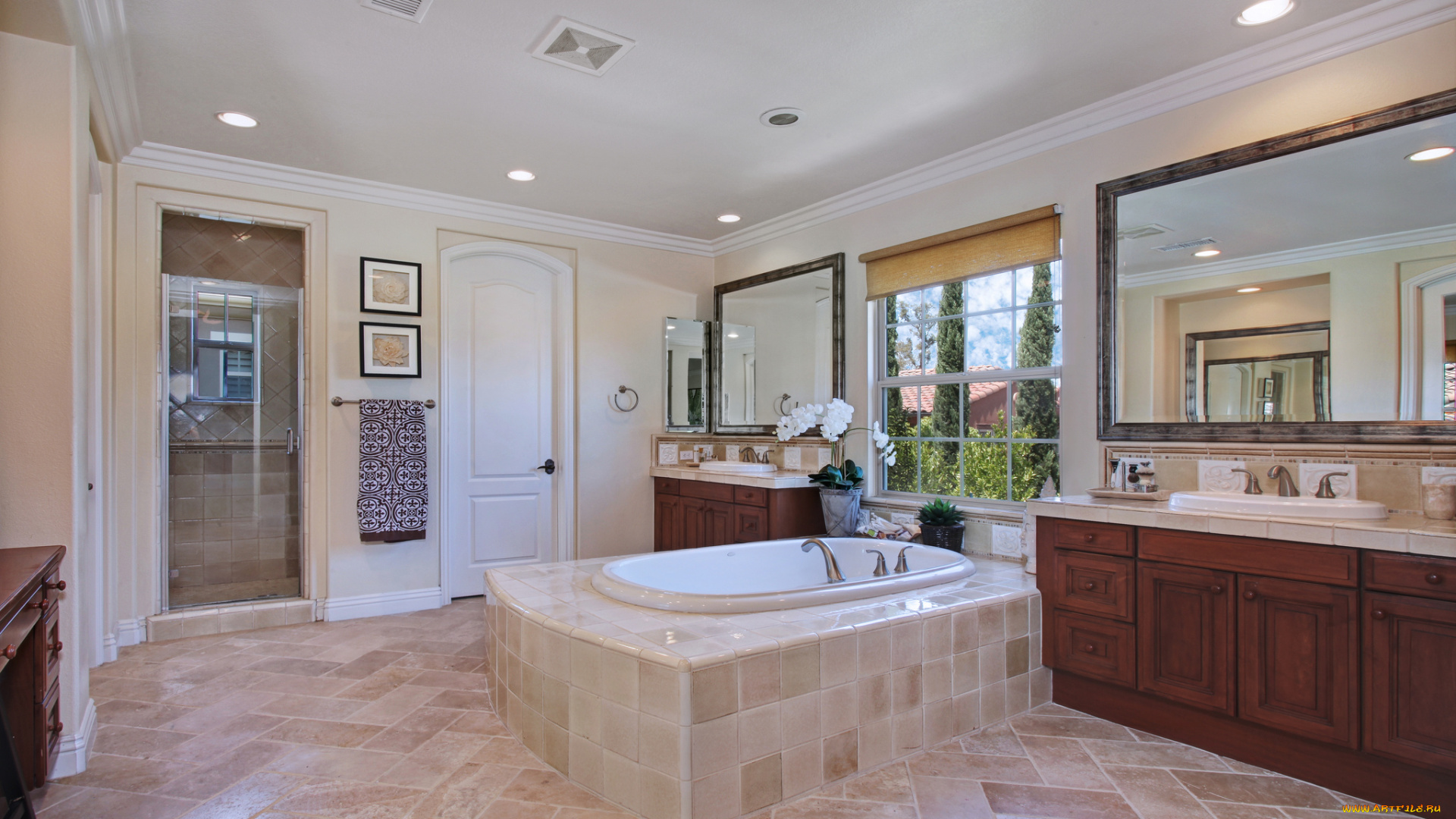 интерьер, ванная, и, туалетная, комнаты, дизайн, стиль, ванная, цветы