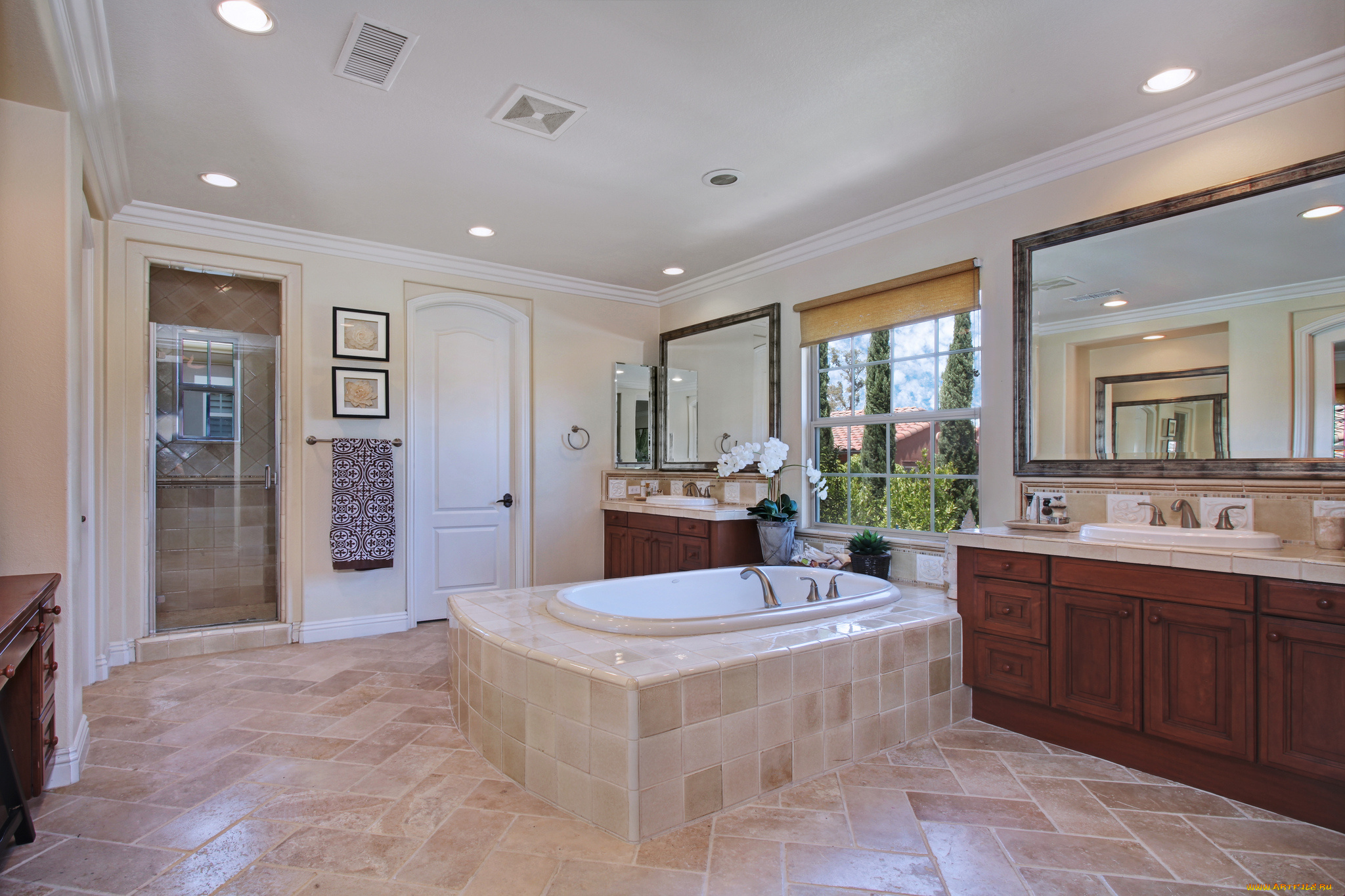 интерьер, ванная, и, туалетная, комнаты, дизайн, стиль, ванная, цветы