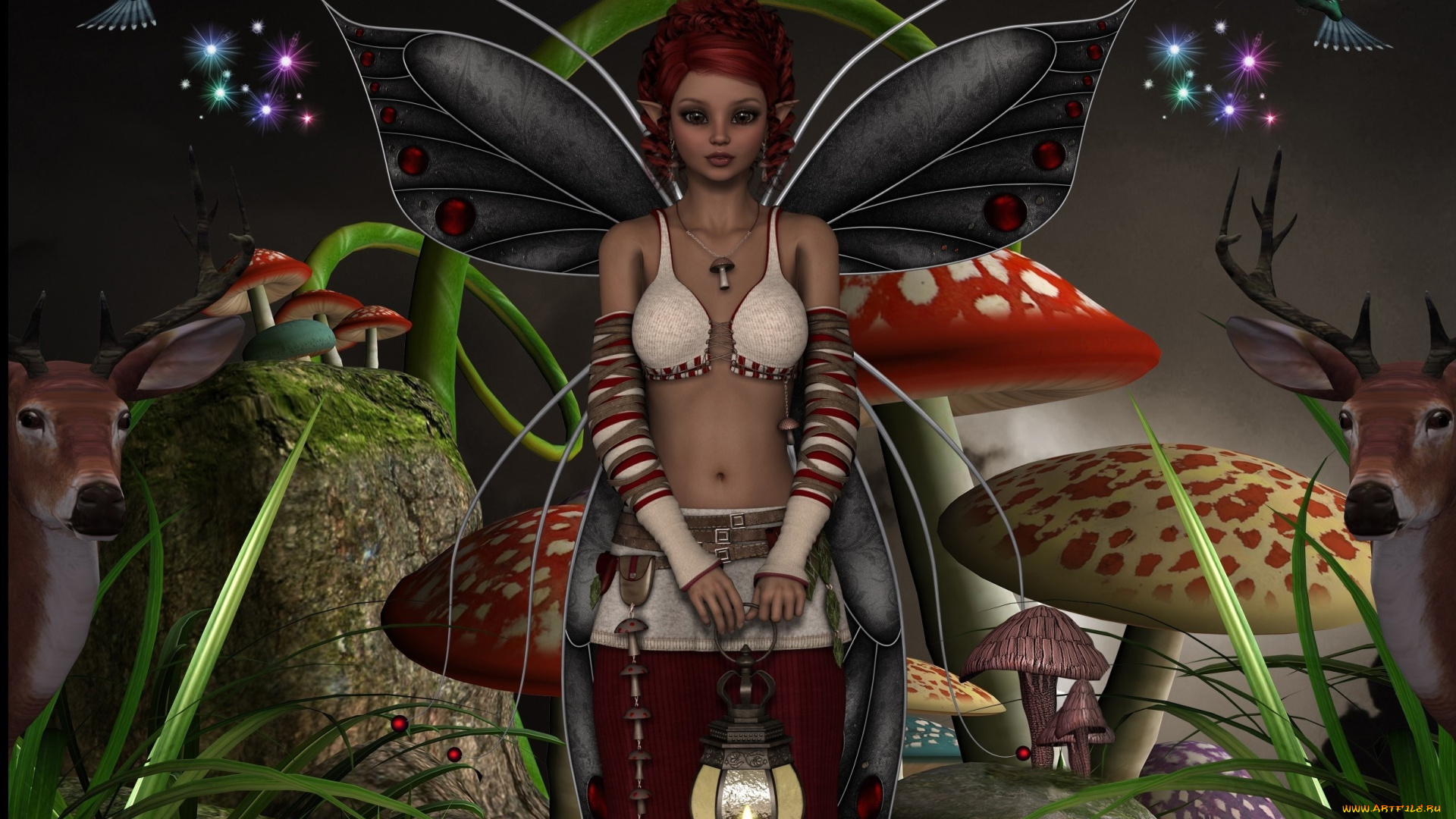 3д, графика, эльфы, , elves, фея, взгляд, фон, грибы, фонарик, птицы