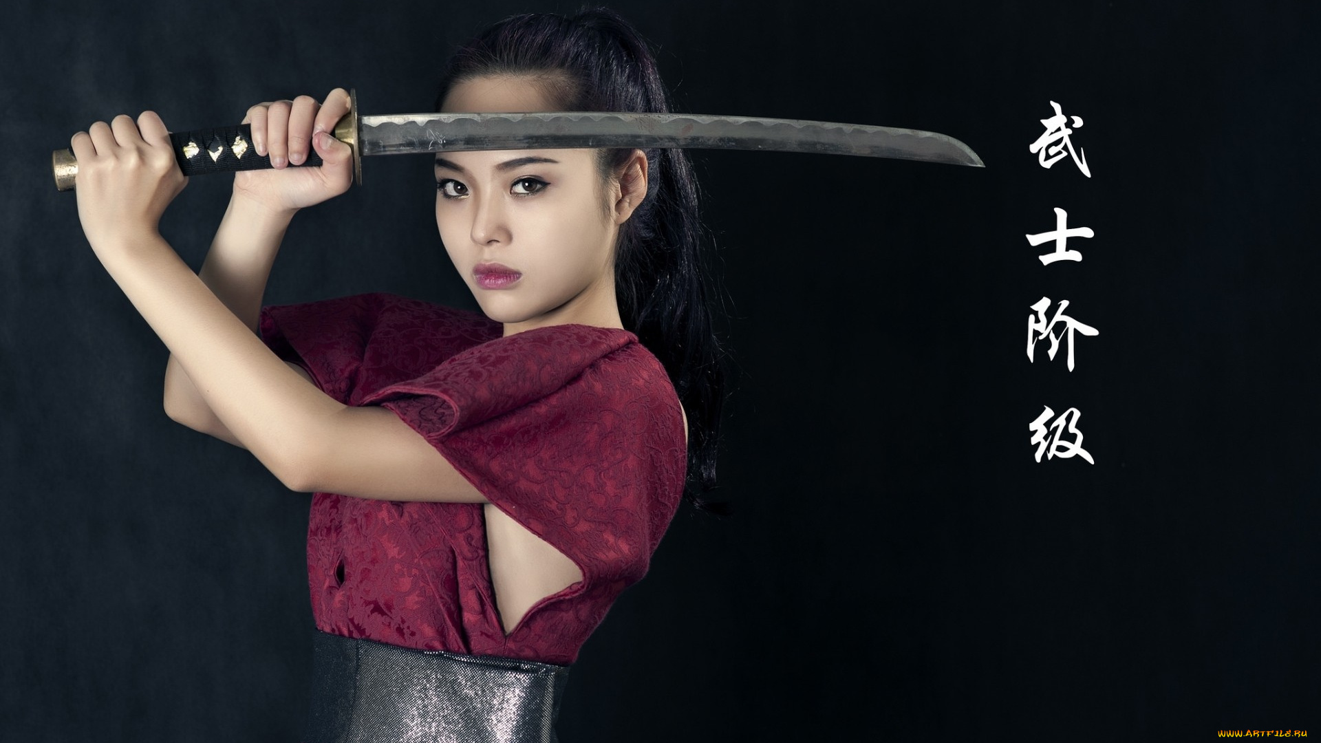 девушки, -unsort, , девушки, с, оружием, девушка, азиатка, меч, , иероглифы, вакидзаси