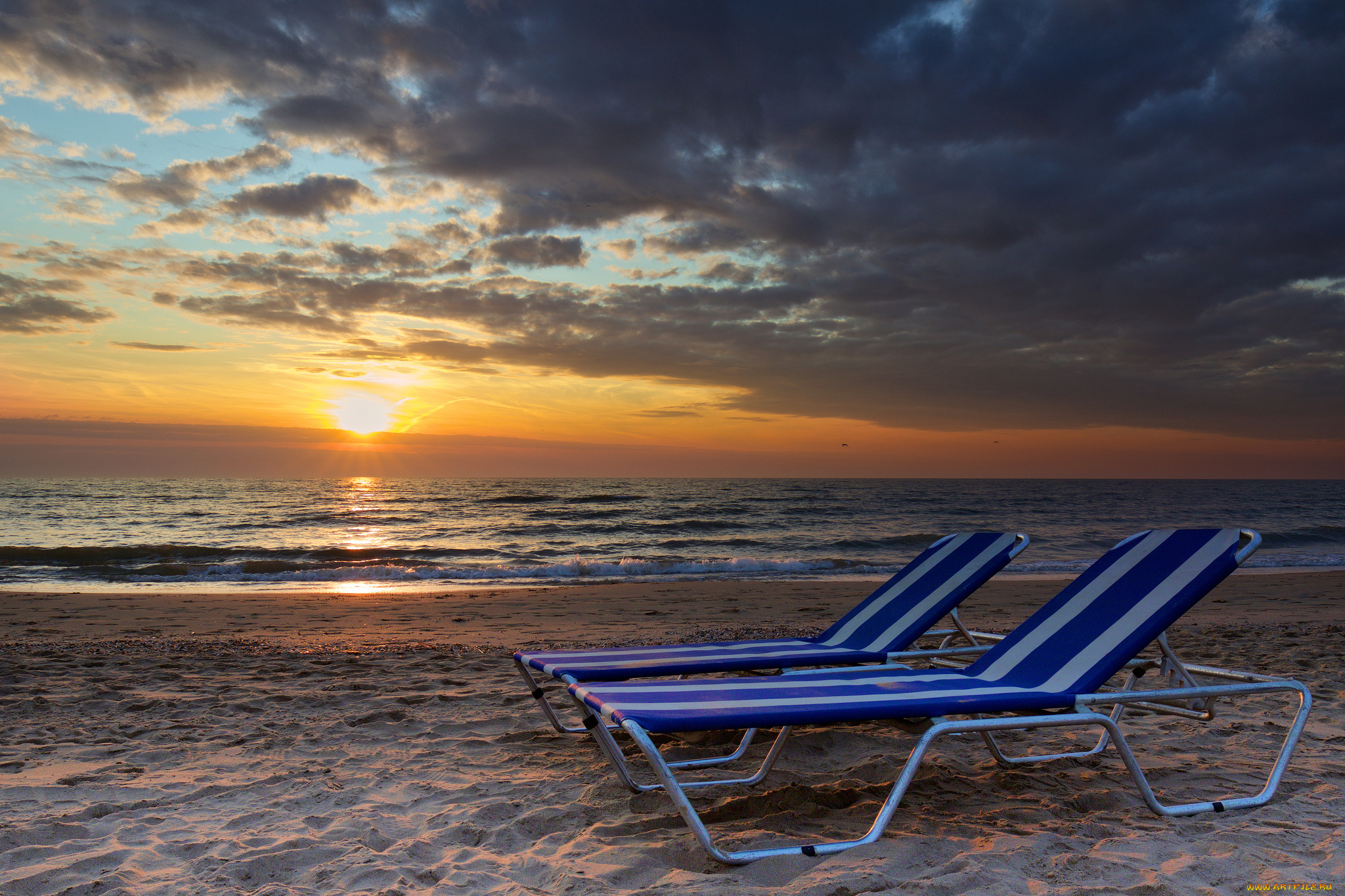природа, восходы, закаты, океан, пляж, шезлонги, вечер