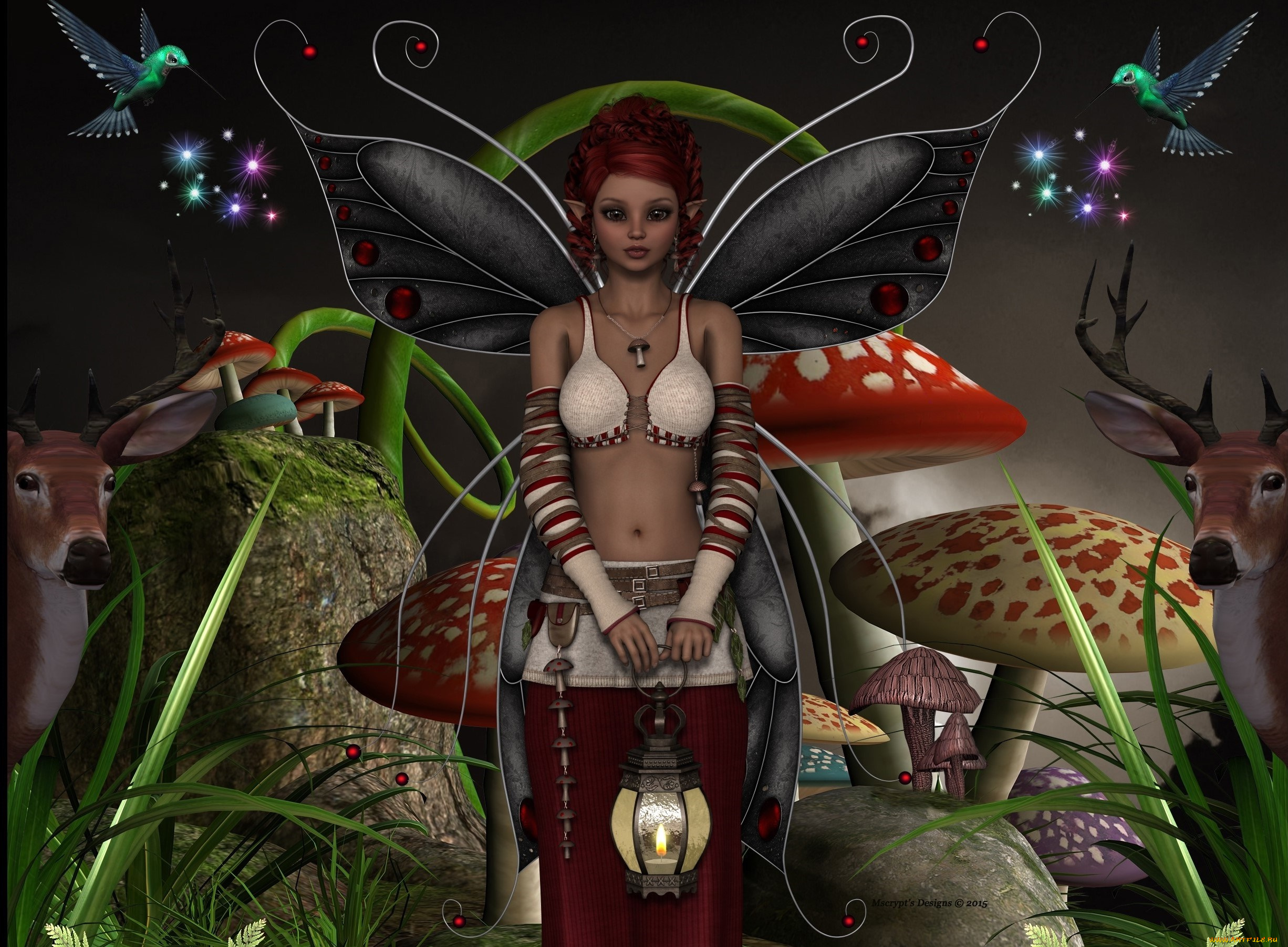 3д, графика, эльфы, , elves, фея, взгляд, фон, грибы, фонарик, птицы