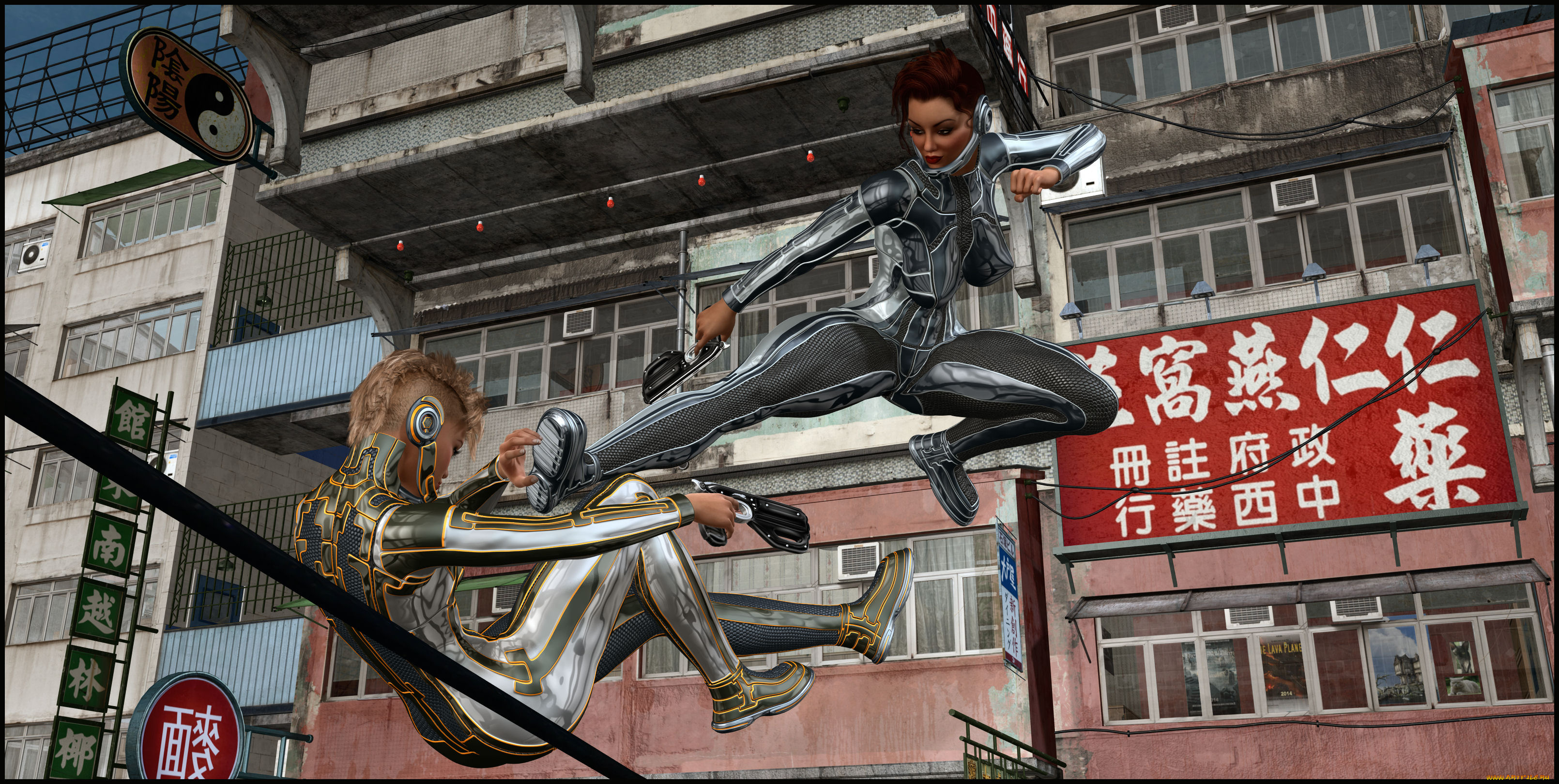 3д, графика, фантазия, , fantasy, девушки, взгляд, фон, драка